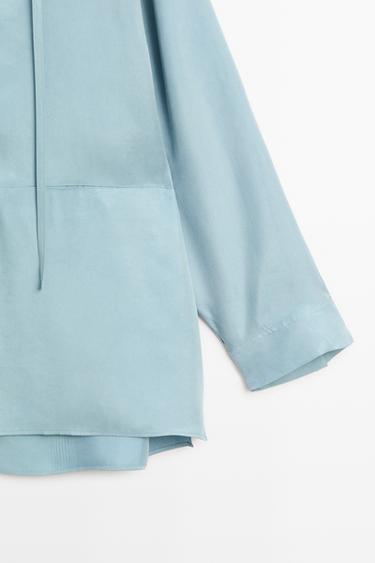 Flowy blouse with stand collar and drawstrings — GREY BLUE 7