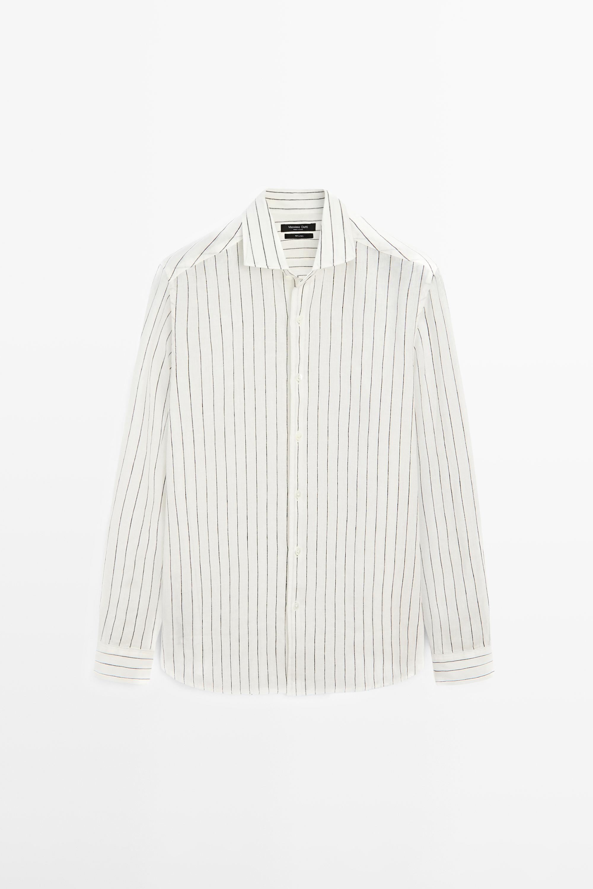 100% linen slim fit striped shirt — Off white