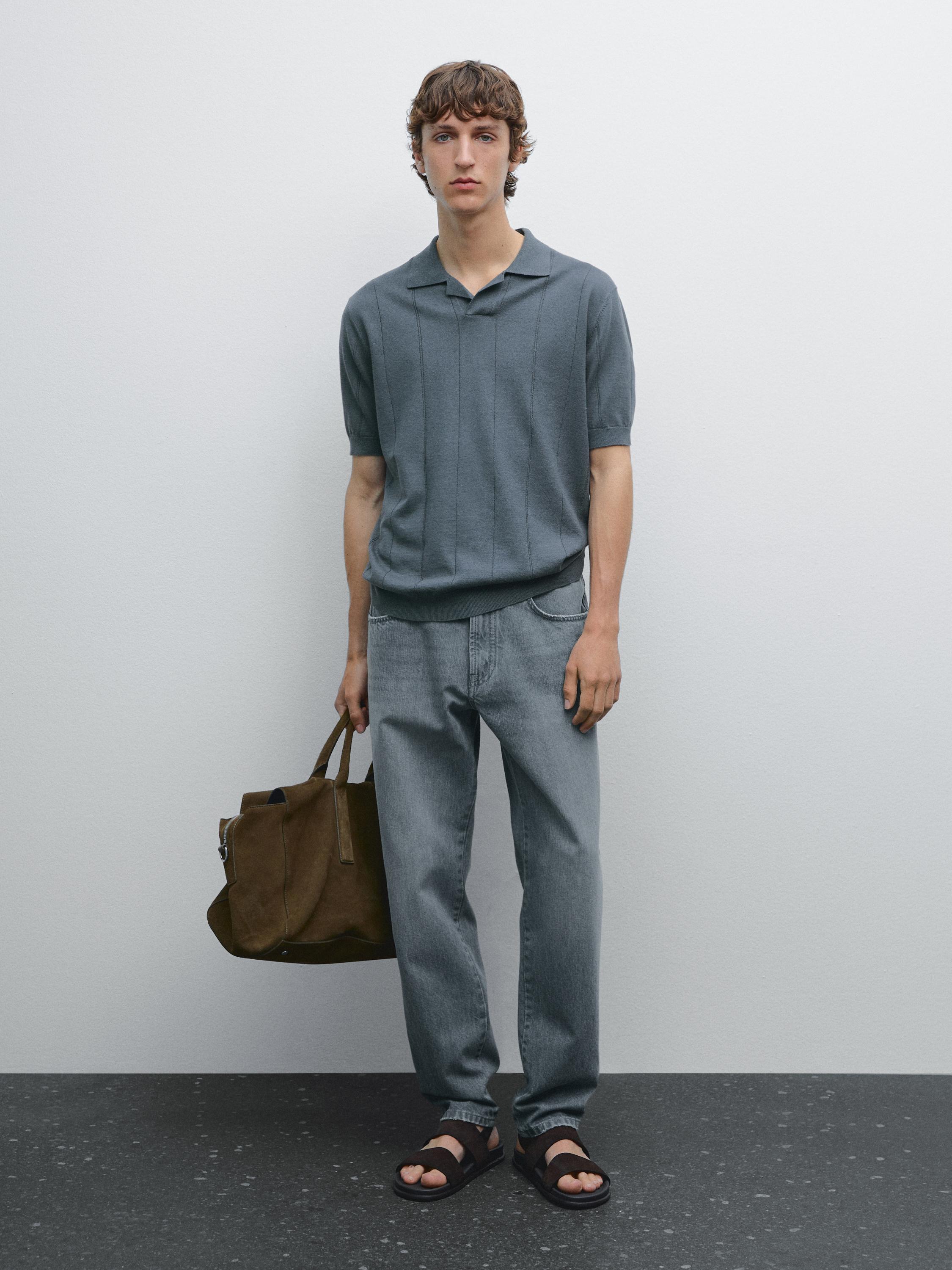 Striped linen blend knit polo shirt