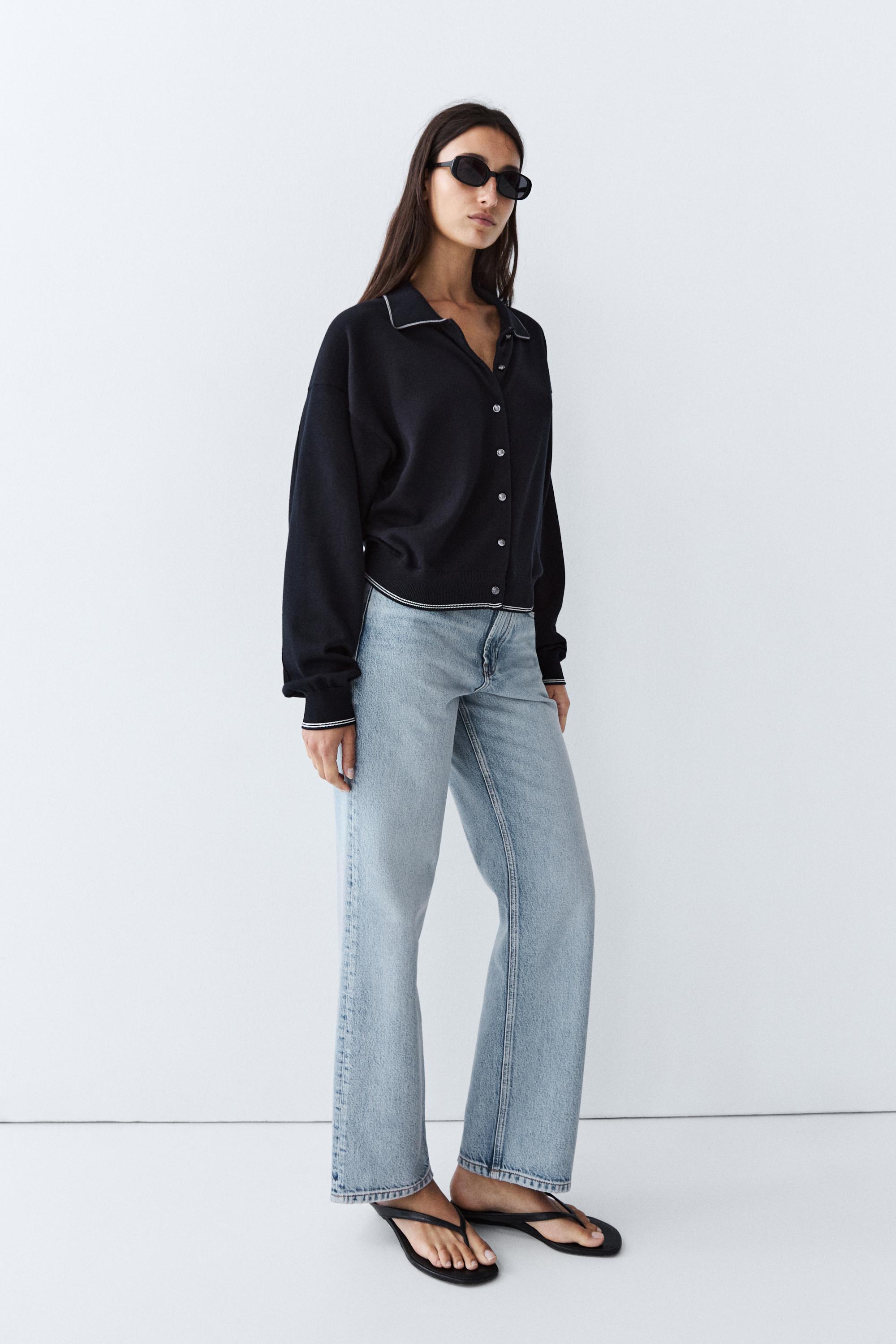 100% cotton contrast polo collar cardigan — NAVY BLUE