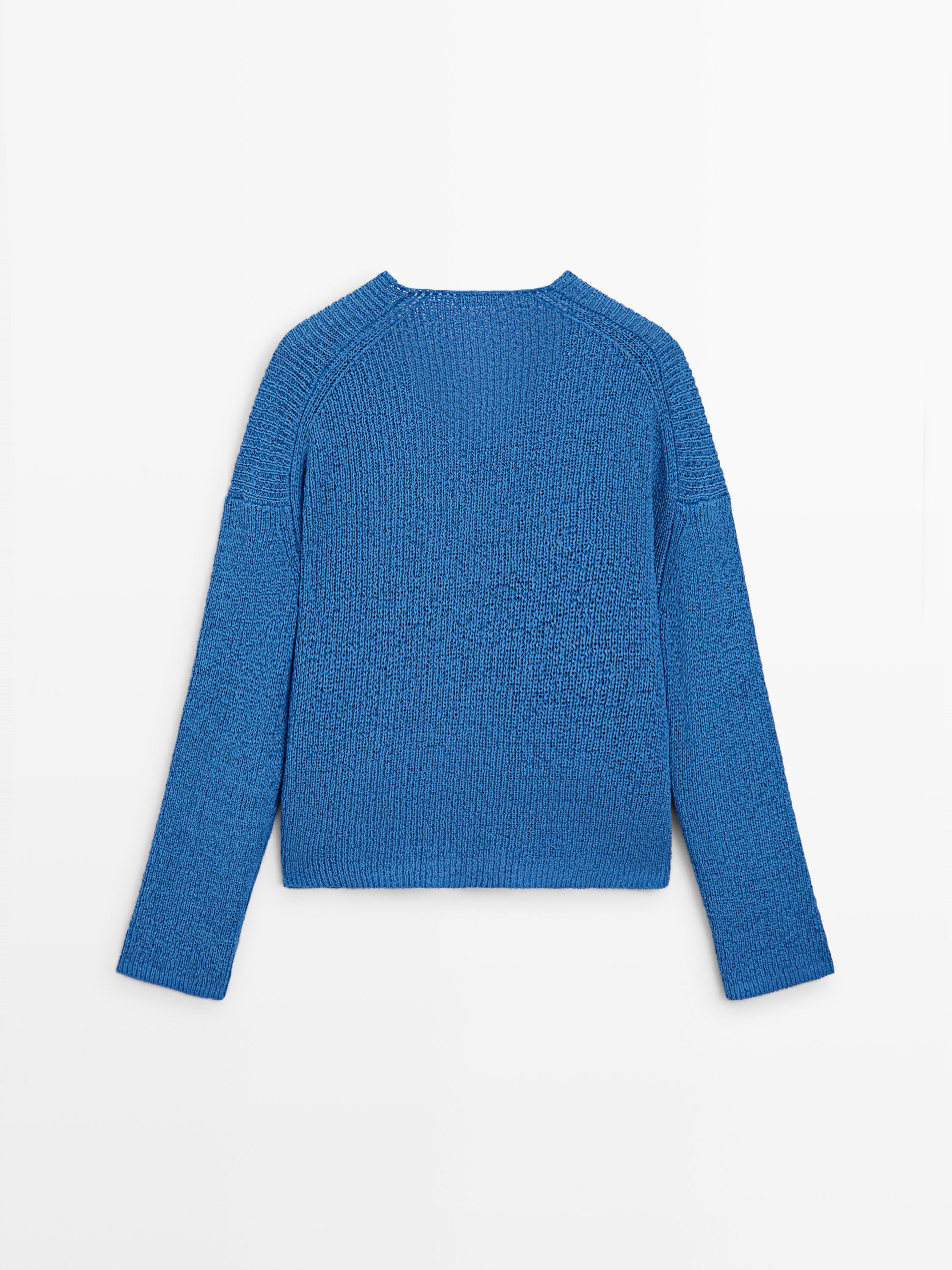 Cotton blend V-neck knit sweater — BLUISH