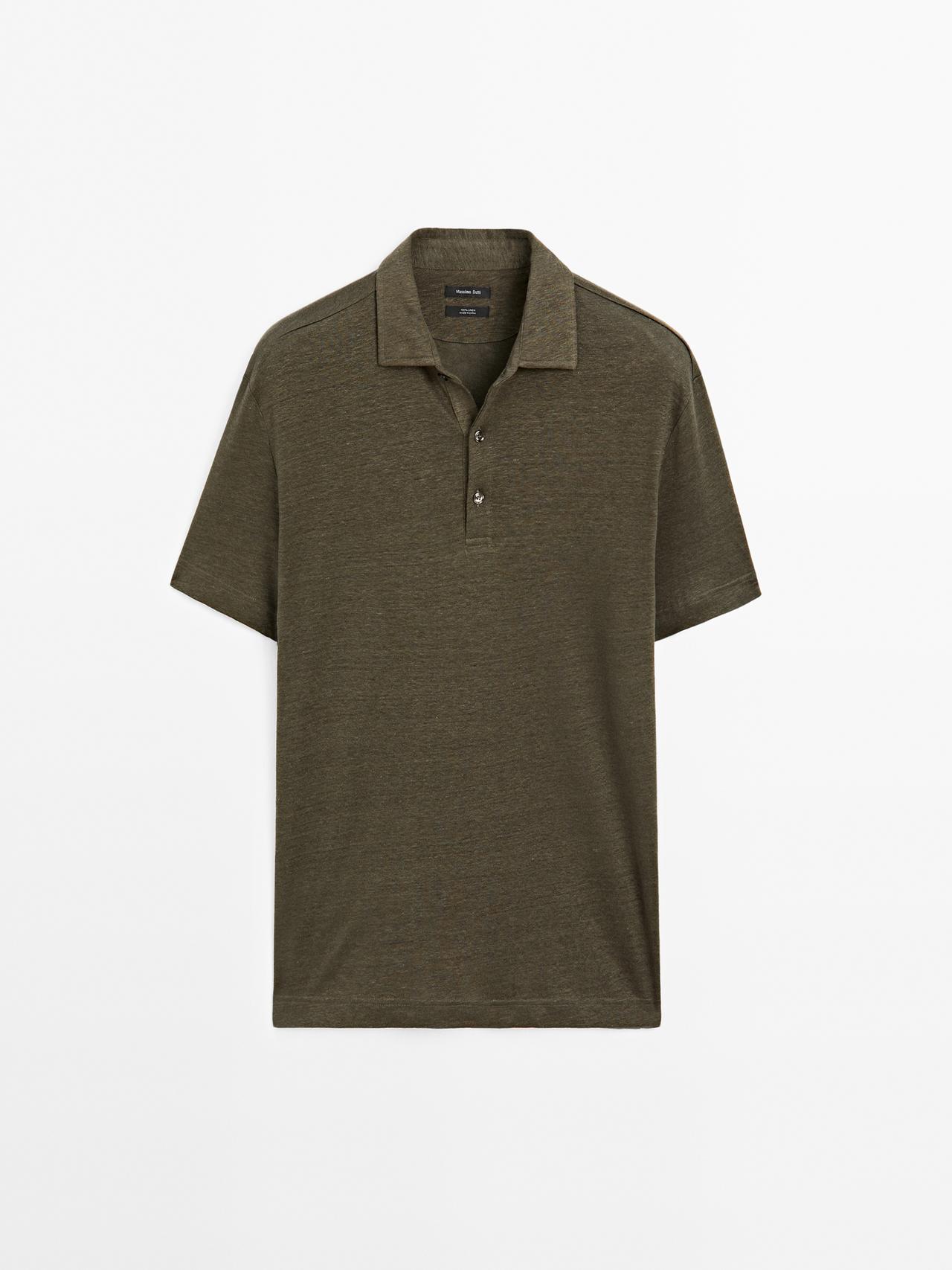 Massimo Dutti - Herre - Kortærmet Poloshirt I 100 % Hør - Kaki - S