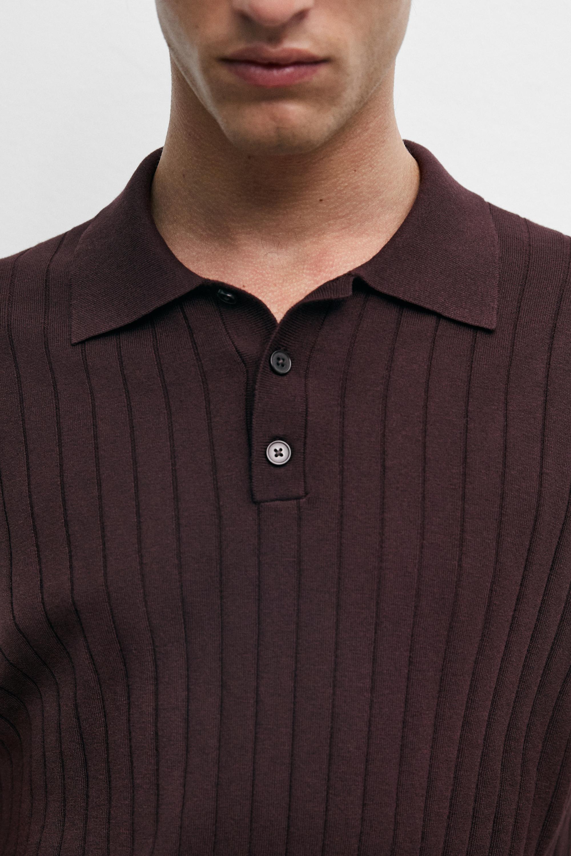 Ribbed knit cotton blend polo shirt — BURGUNDY
