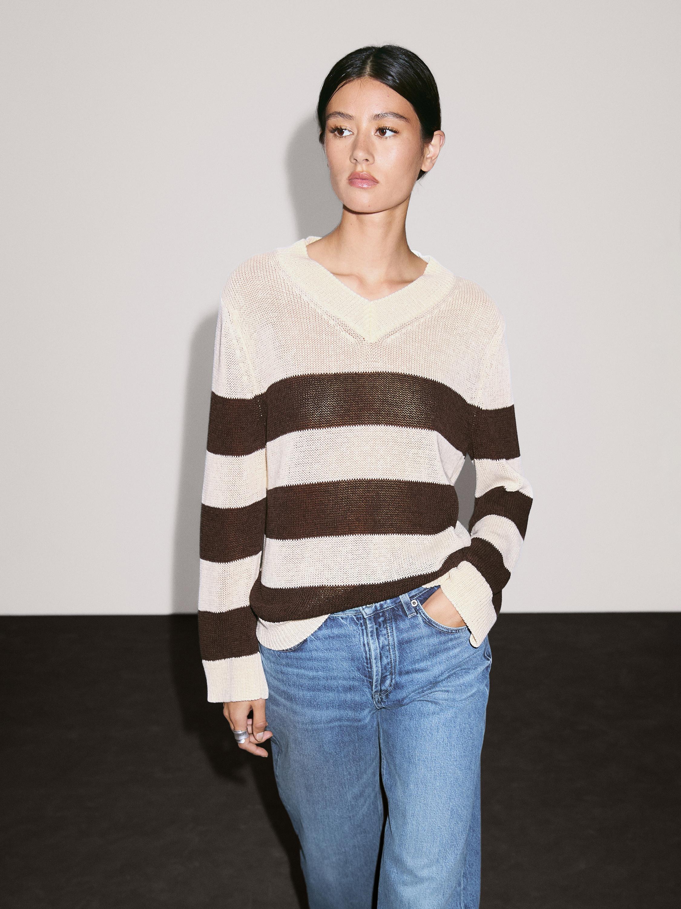 Striped cotton blend knit sweater