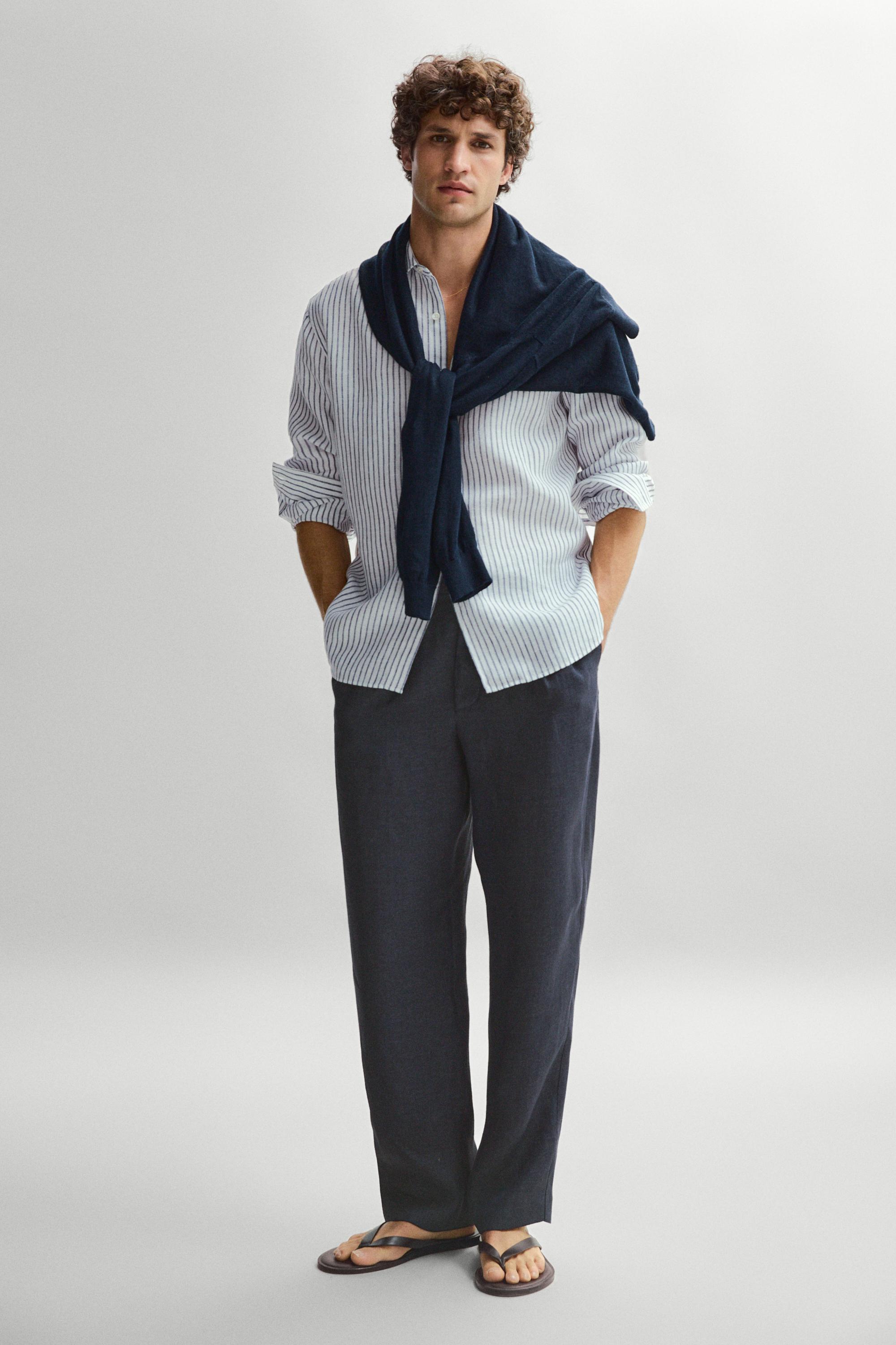 Regular fit 100% linen striped shirt — NAVY BLUE