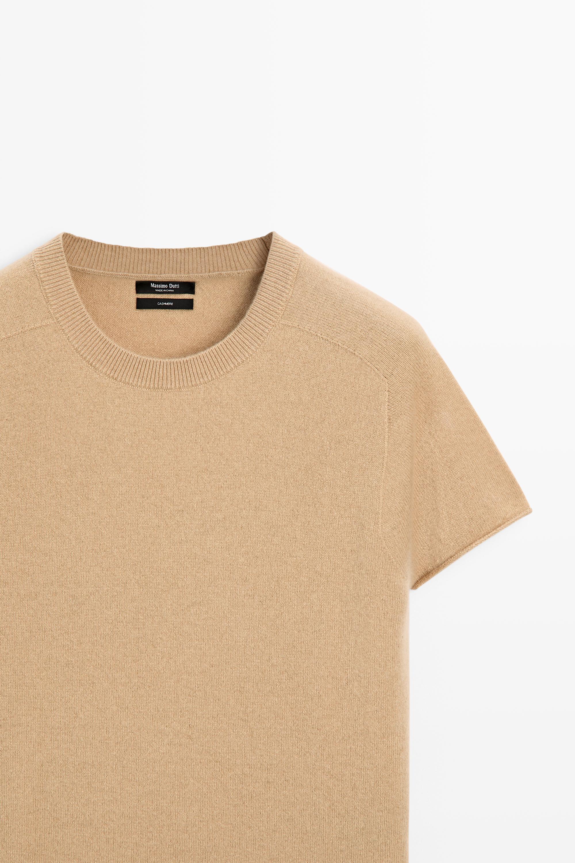 100% cashmere short sleeve knit sweater — CAMEL