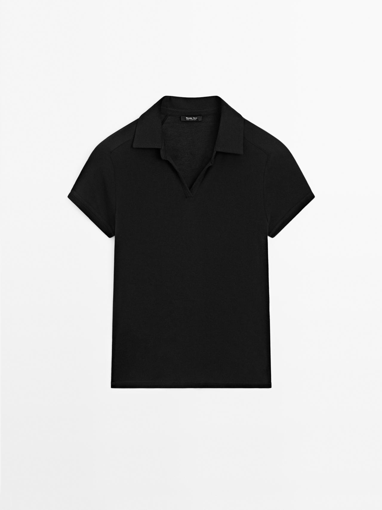 Massimo Dutti - Dame - Kortærmet Poloshirt I 100 % Bomuld - Sort - L