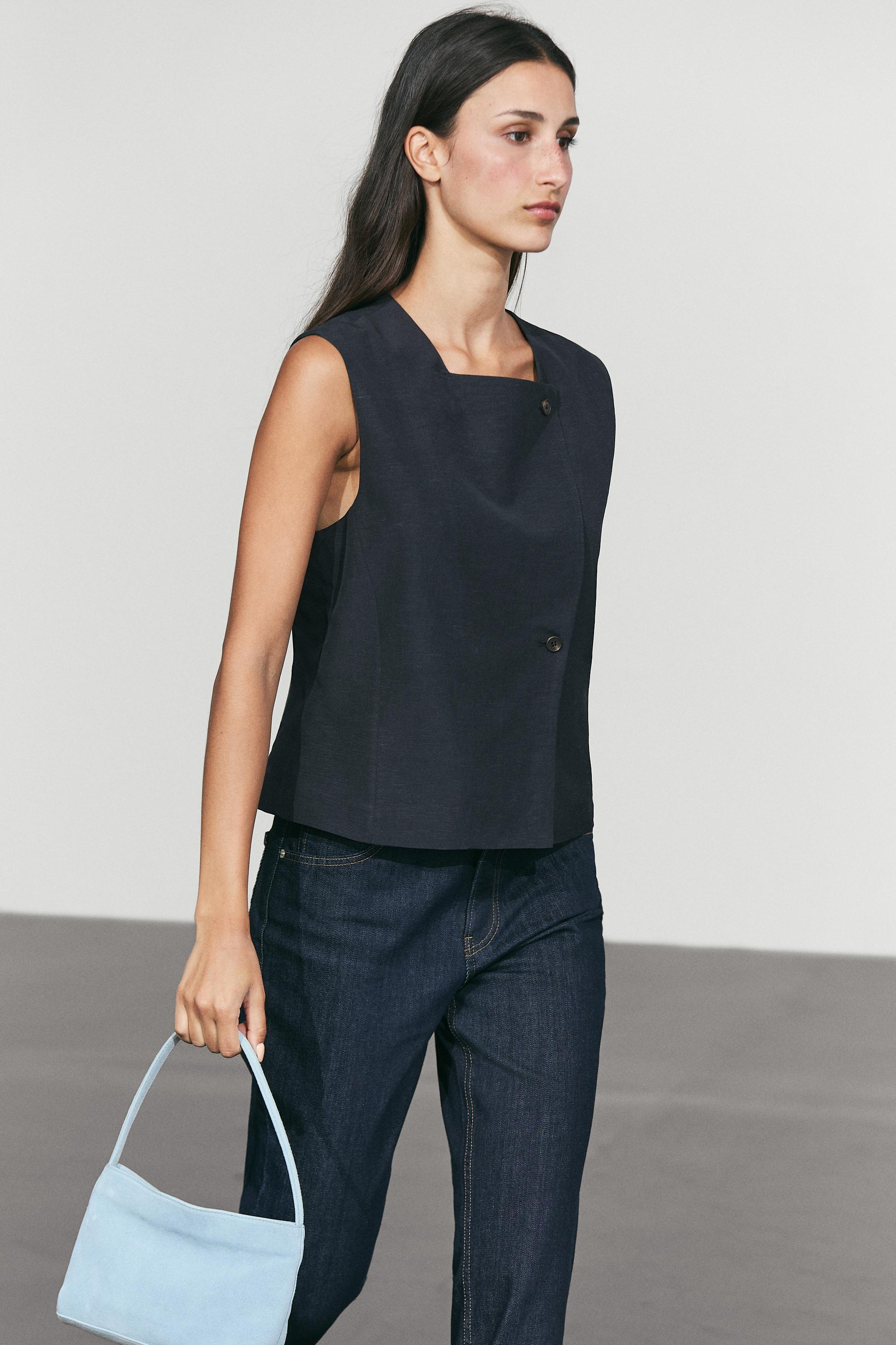 Linen blend asymmetric button-up vest — NAVY BLUE