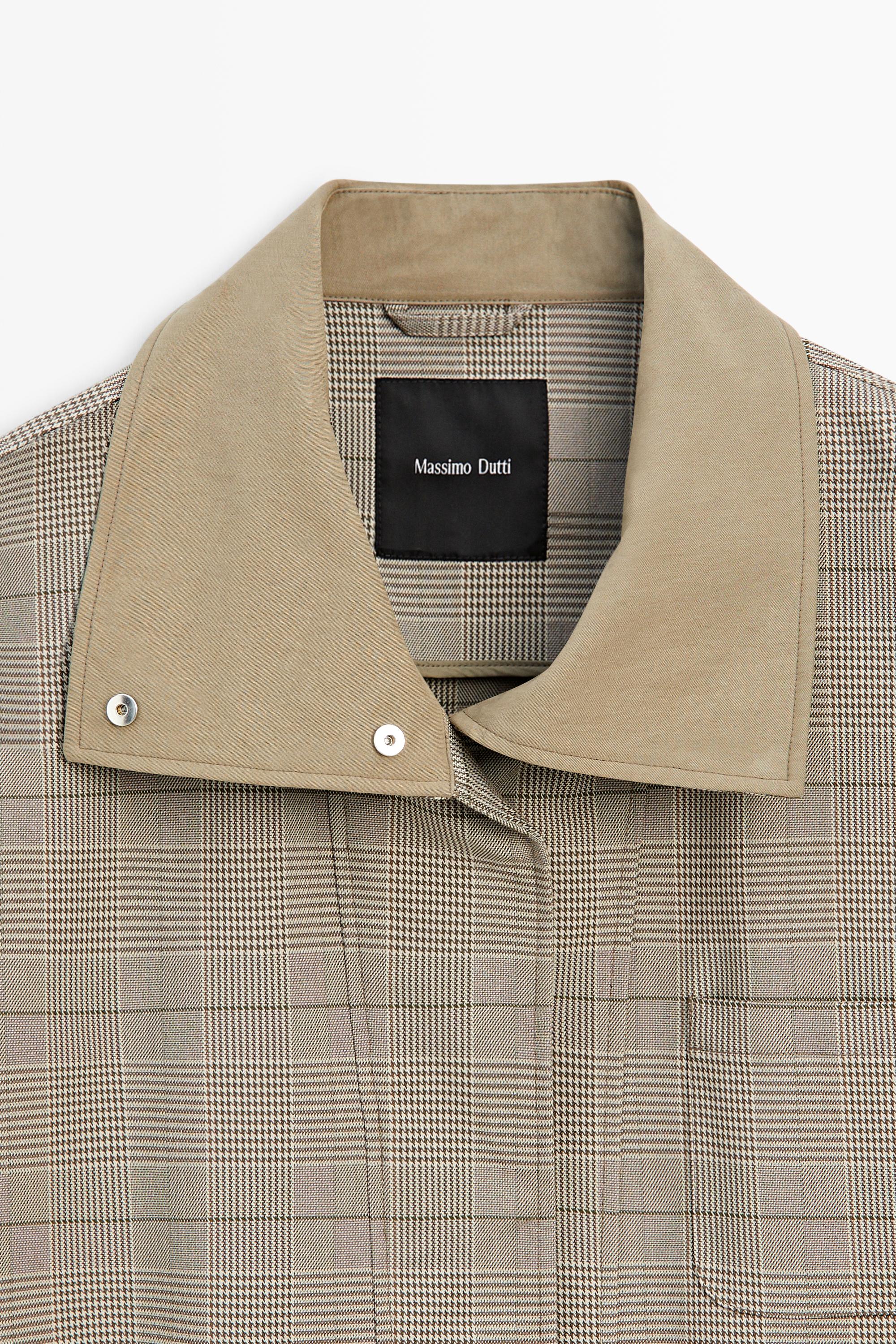Cotton blend plaid high neck jacket — KHAKI