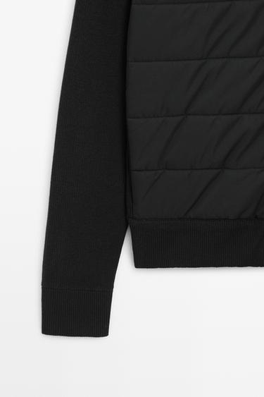 High neck mixed fabric cardigan — BLACK 7