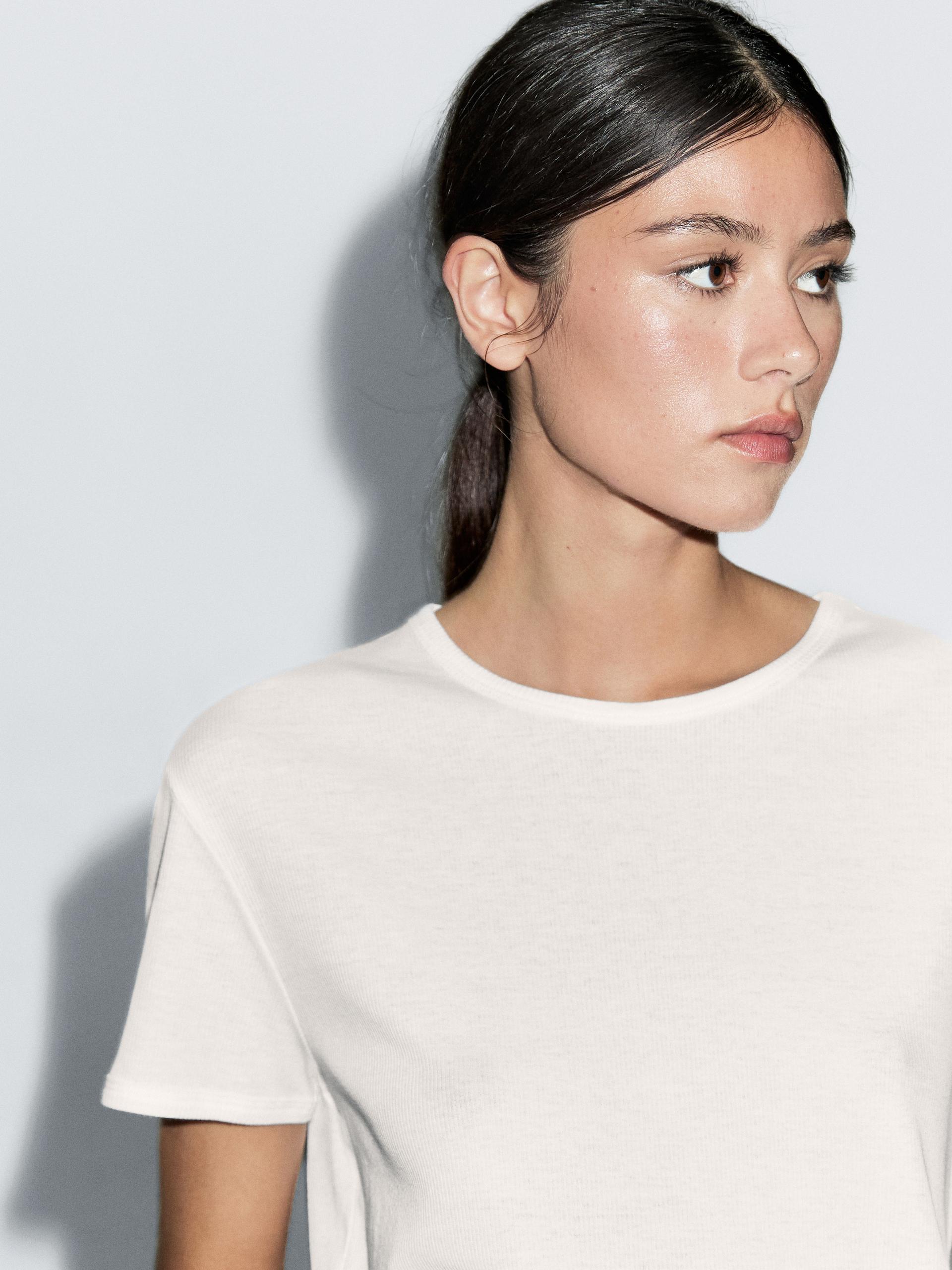 Koszulka Ze 100% Bawełny Z Krótkim Rękawem - Biały - Xl - Massimo Dutti - Kobieta