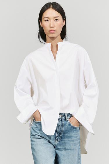 Poplin shirt with stand collar — WHITE 3