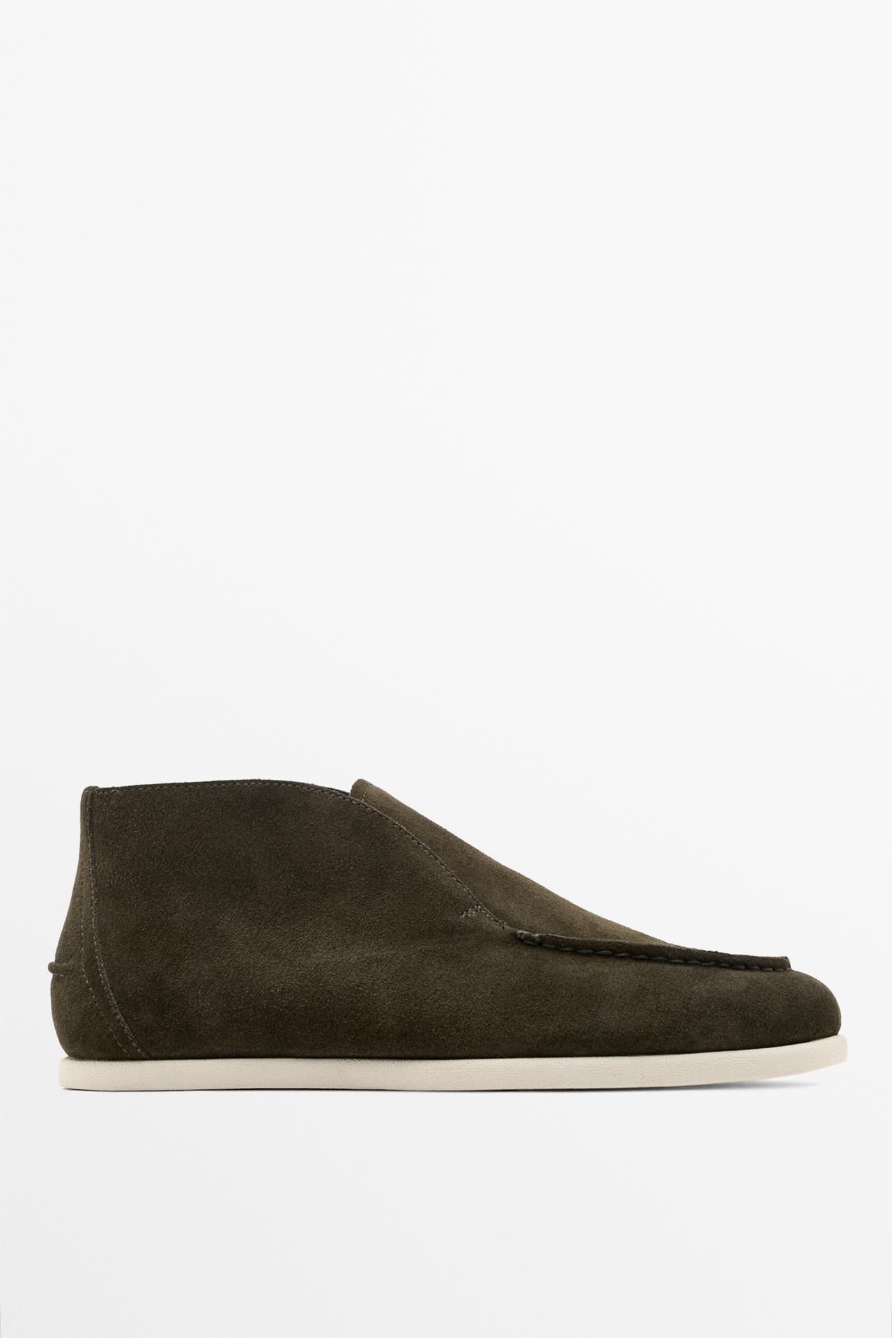 Split suede leather bootie loafer — OLIVE