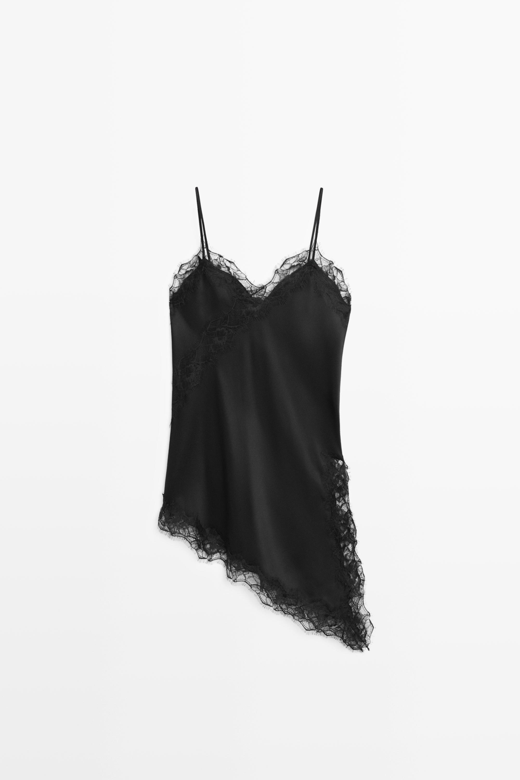 Asymmetric thin strap camisole top — BLACK