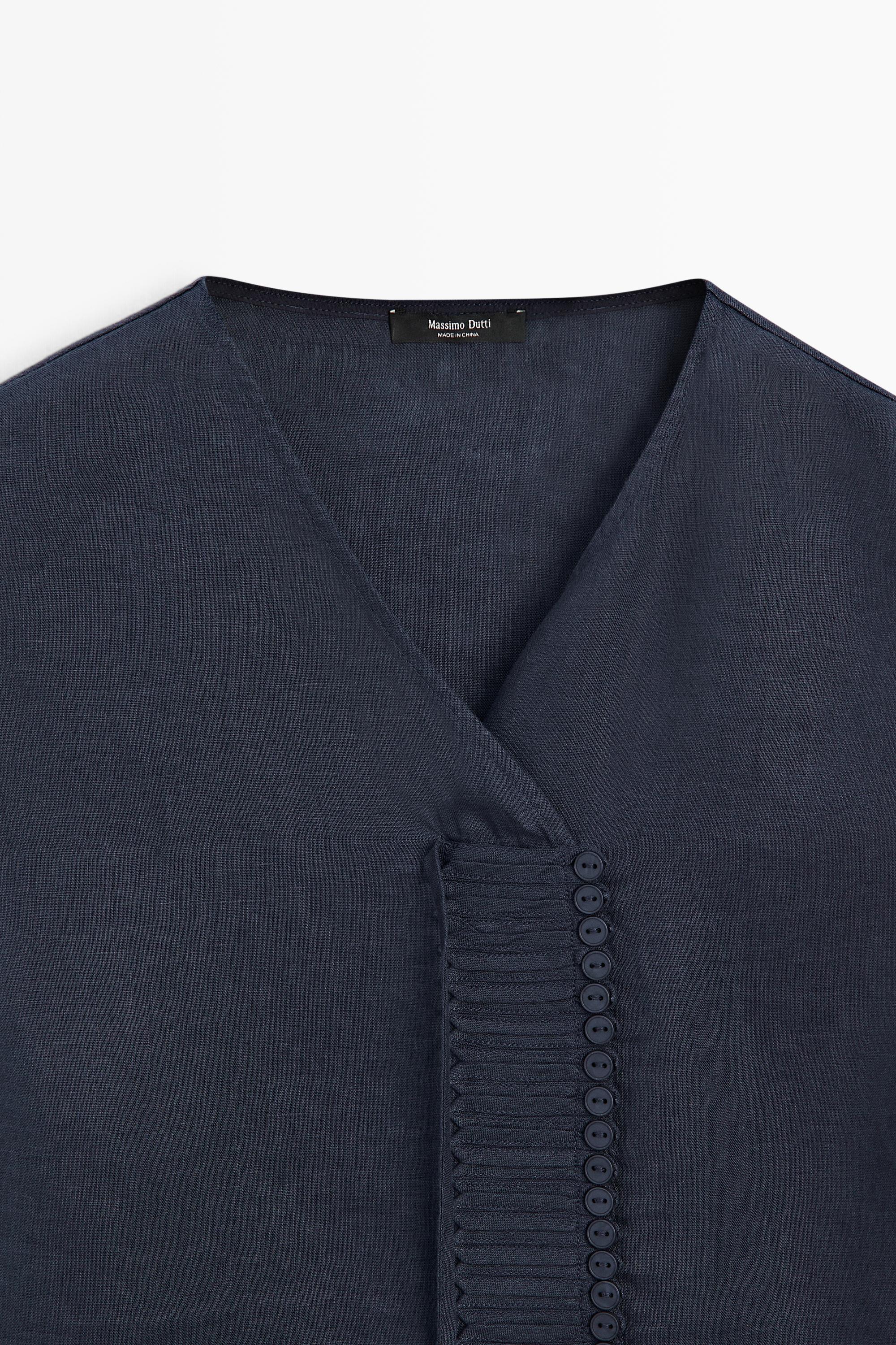 100% linen crossover top with button detail — NAVY BLUE