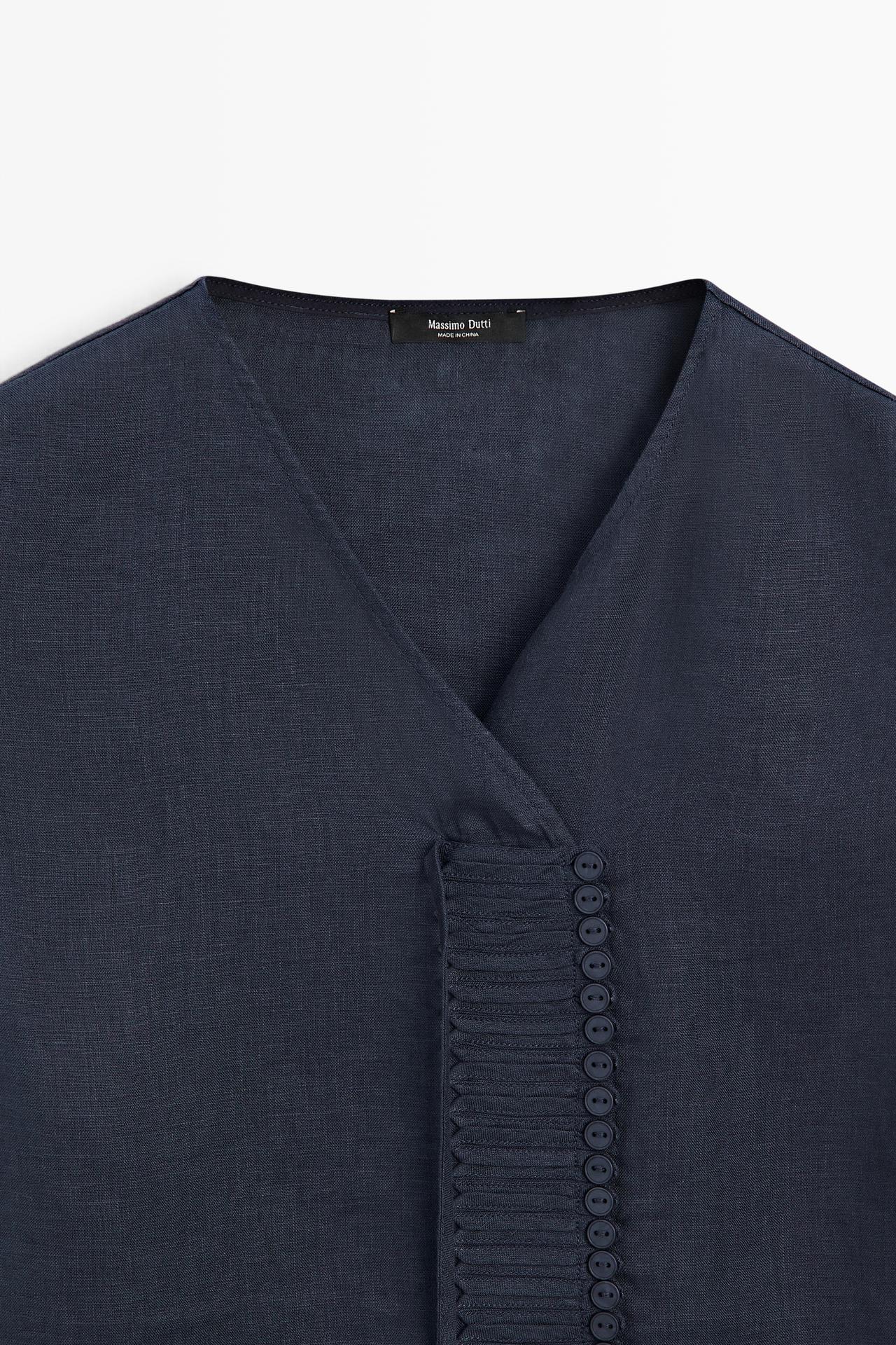 100% linen crossover top with button detail — NAVY BLUE