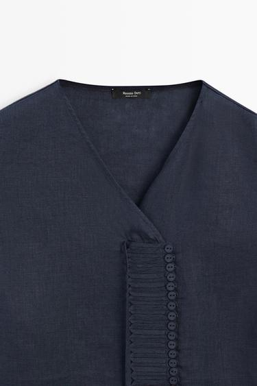 100% linen crossover top with button detail — NAVY BLUE 9