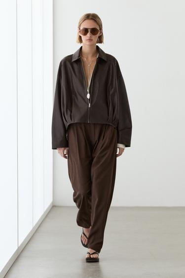 Nappa leather bomber jacket with pleat detail — BROWN 1