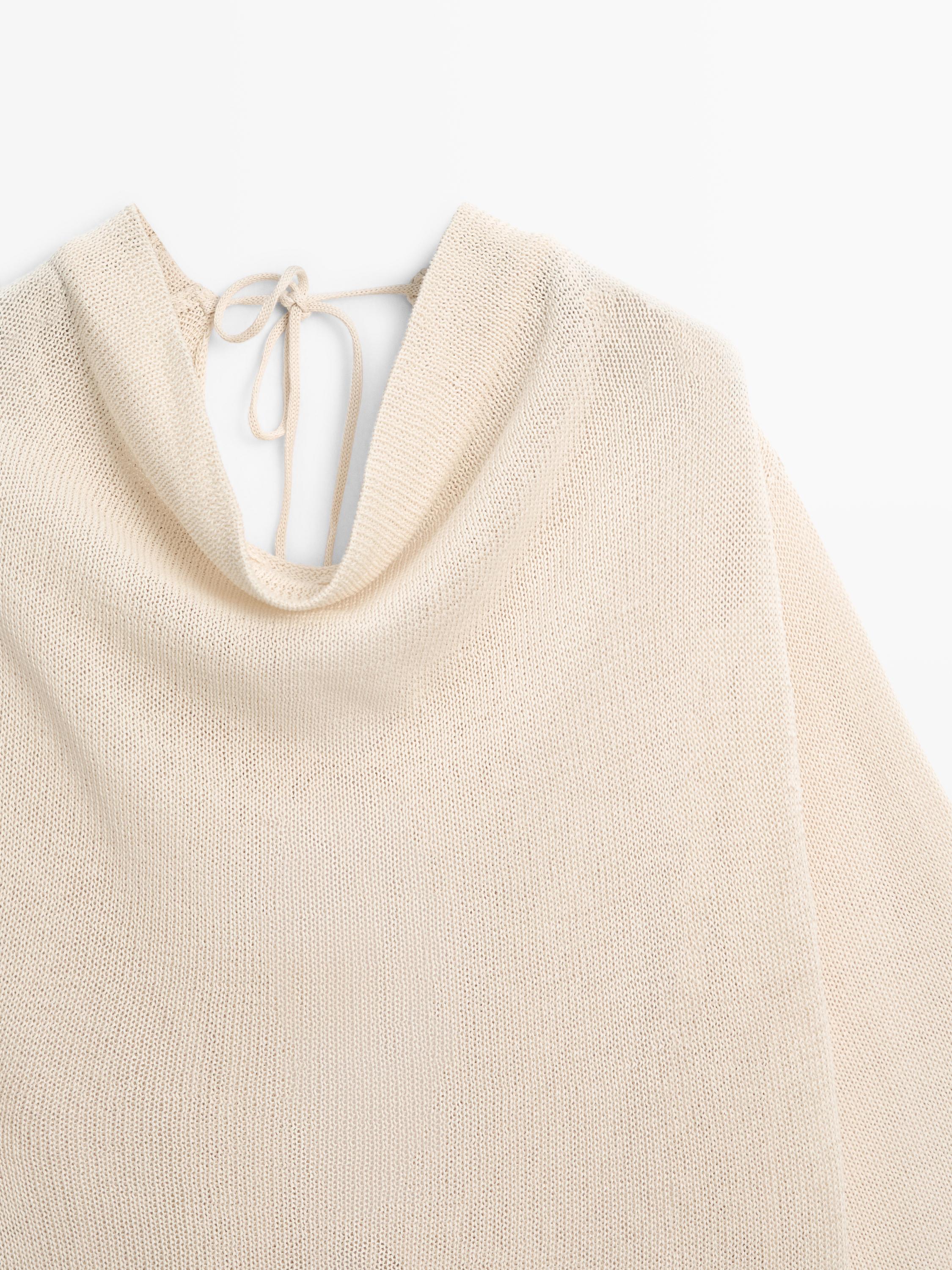 100% cotton knit sweater with back ties — BEIGE