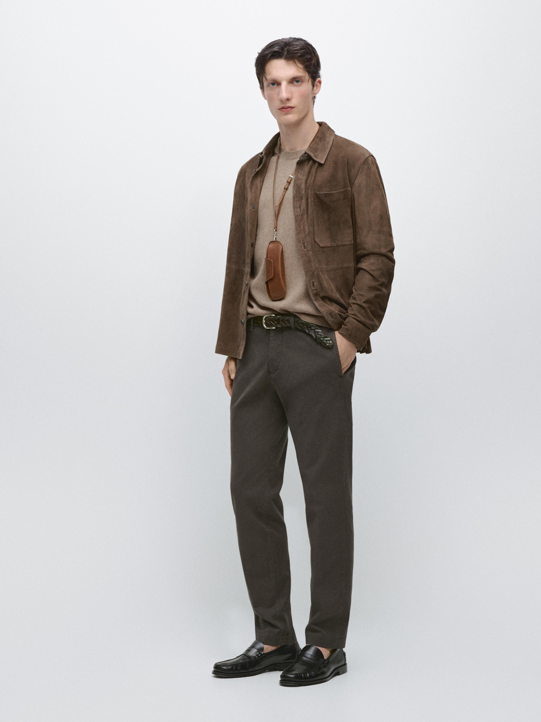 Cotton blend slim fit trousers — BROWN