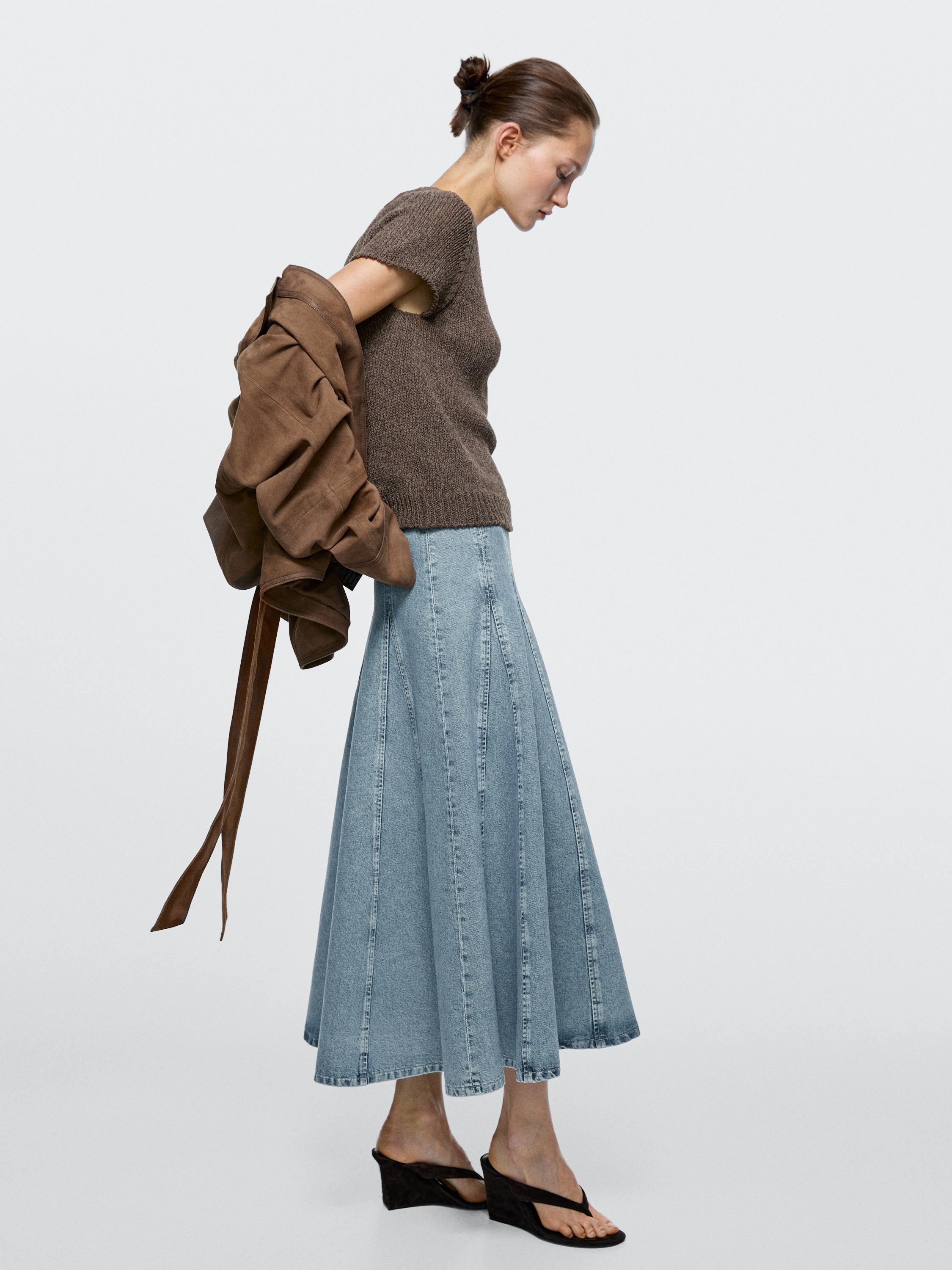 Denim godet midi skirt — Light Blue