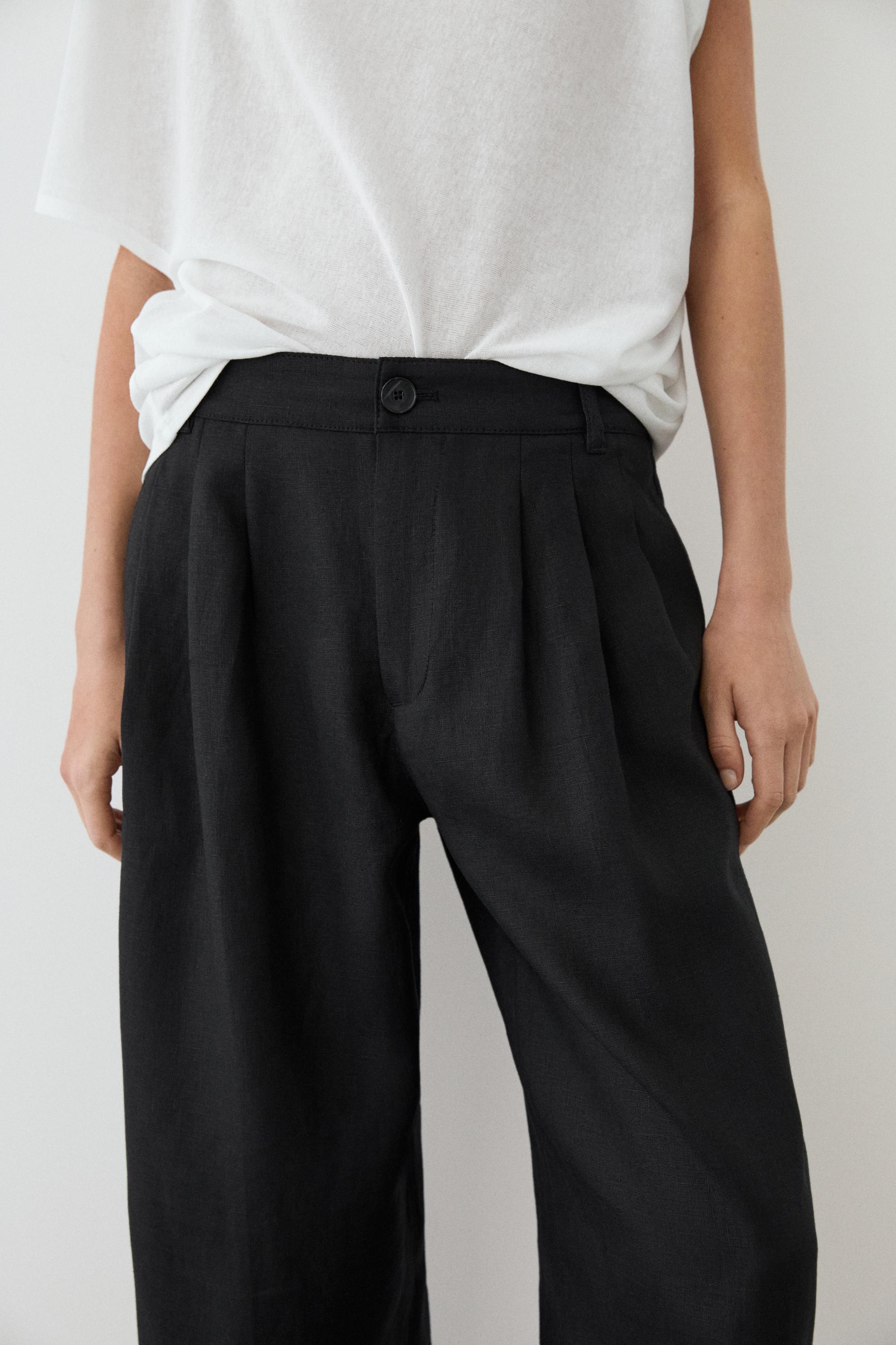 Wide-leg pleated linen trousers — BLACK