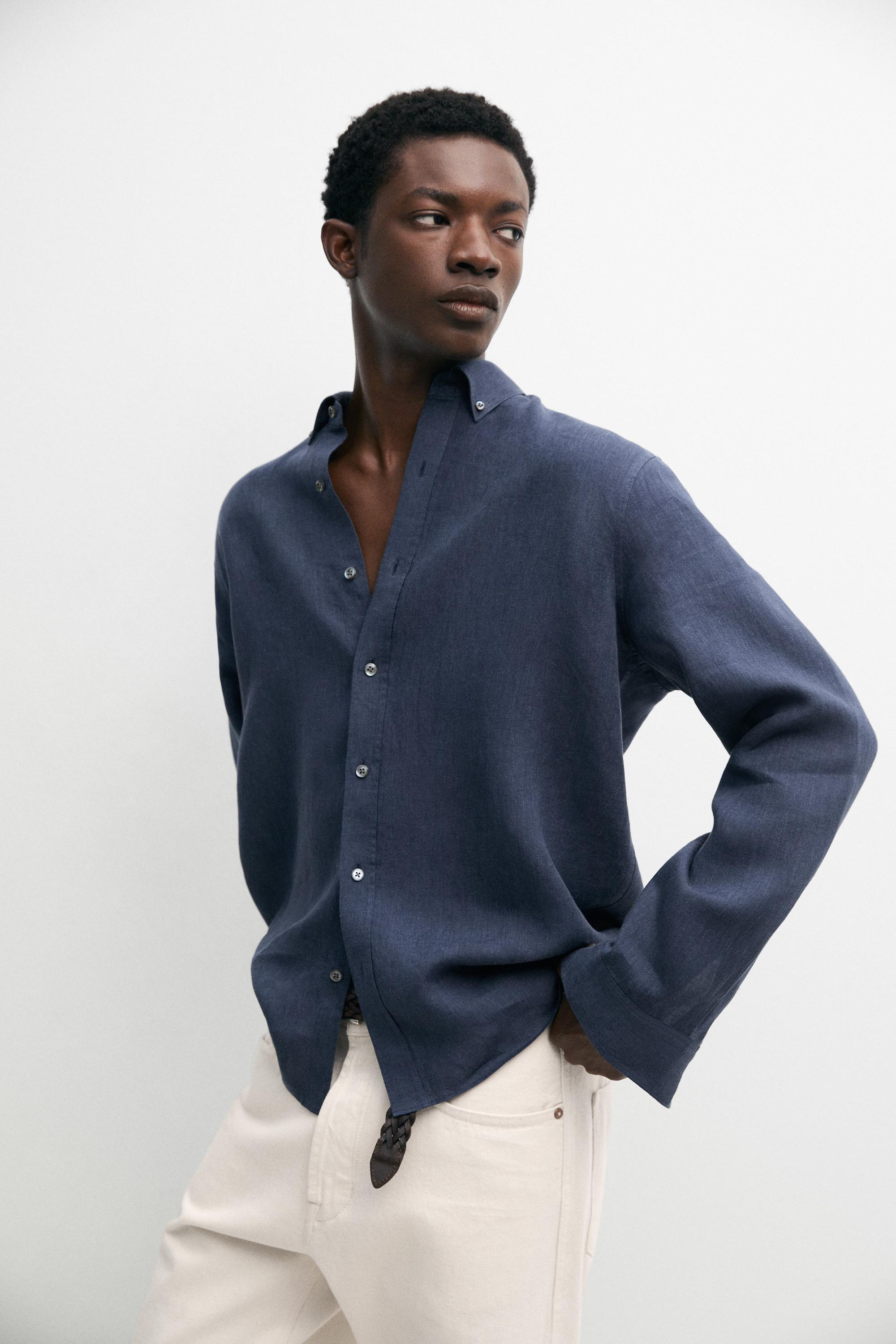 100% linen regular fit shirt — PETROL BLUE