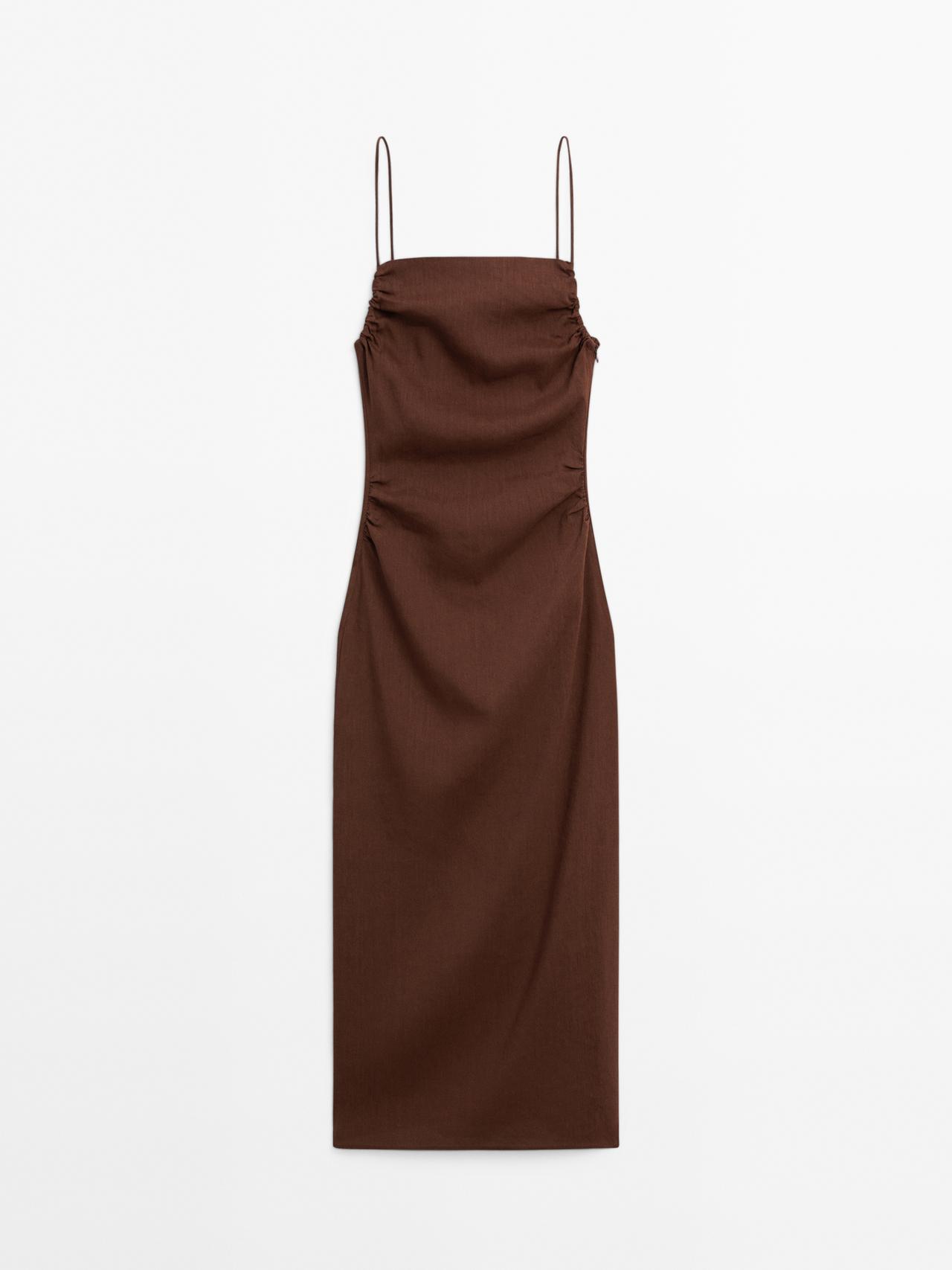 Massimo Dutti - Dames - Geplooide Midi-Jurk Van Linnenmix - Bruin - 38