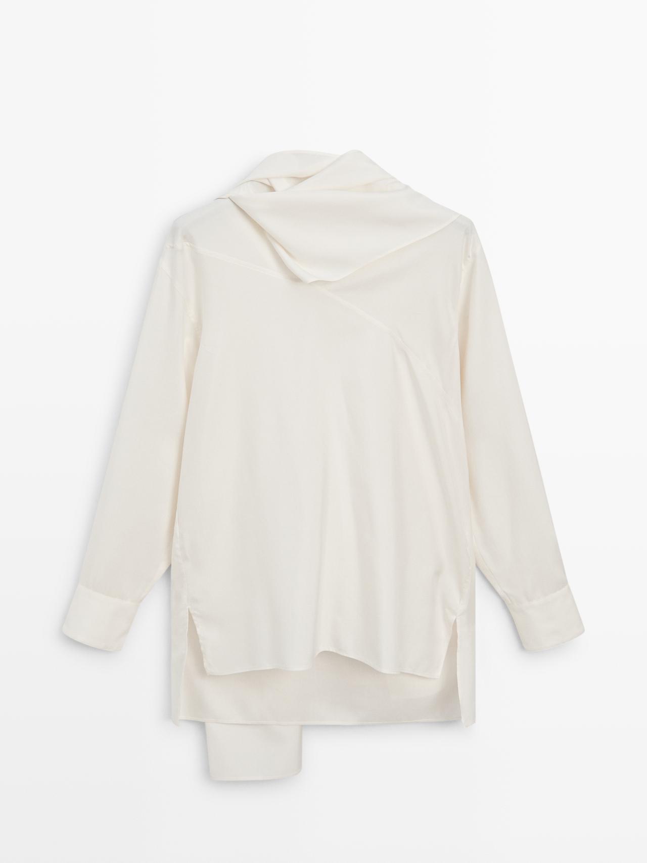 Massimo Dutti - Dame - Bluse I Silkeblanding Med Bindedetalje - Limited - Råhvid - Xs