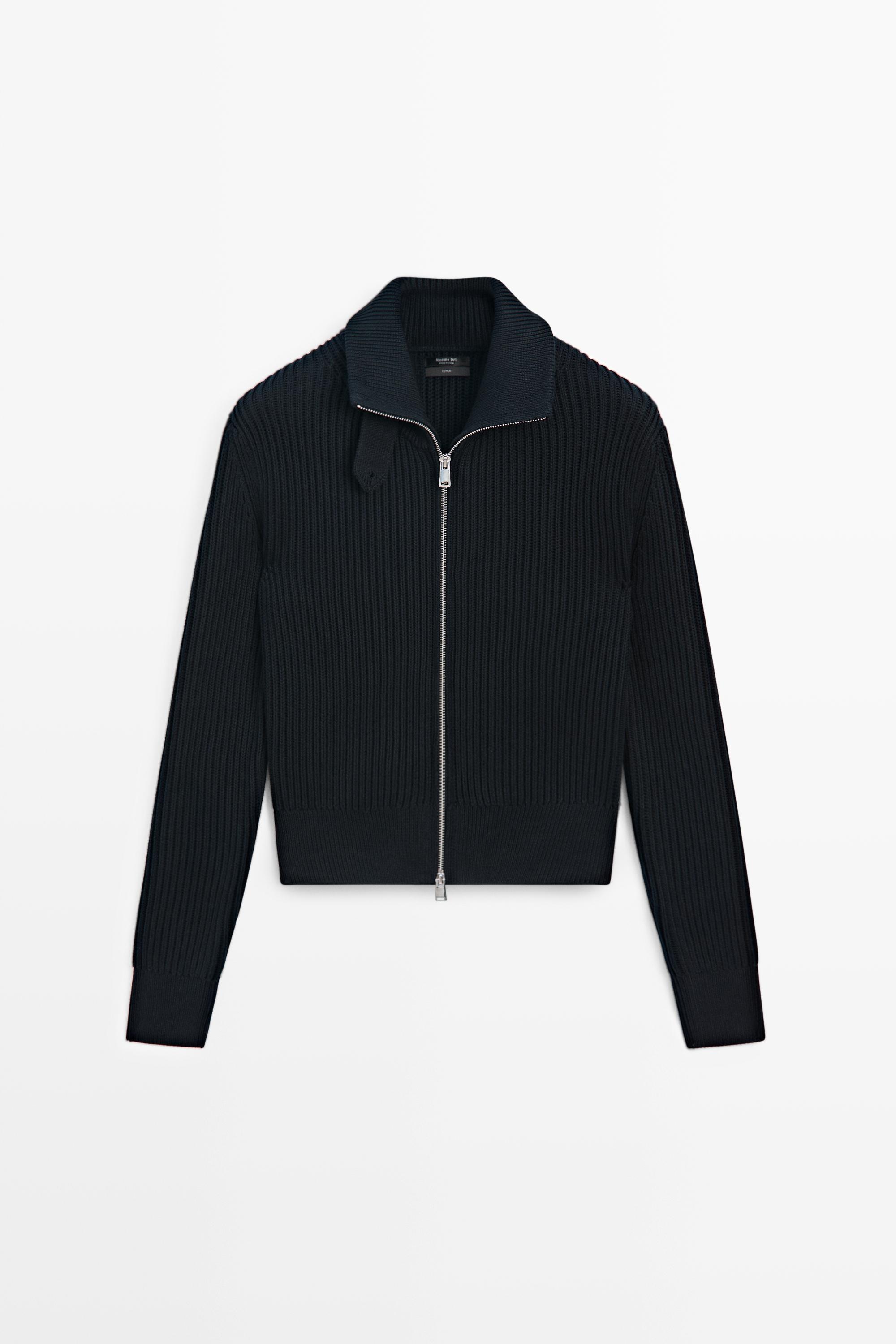 100% cotton knit cardigan with high neck detail — NAVY BLUE