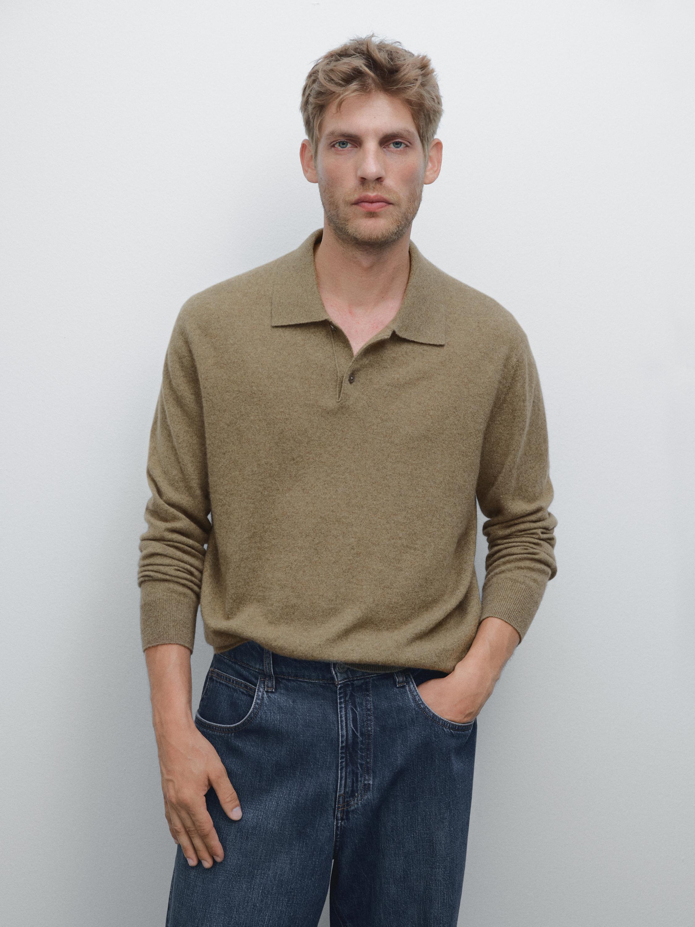 100% cashmere ribbed knit polo shirt