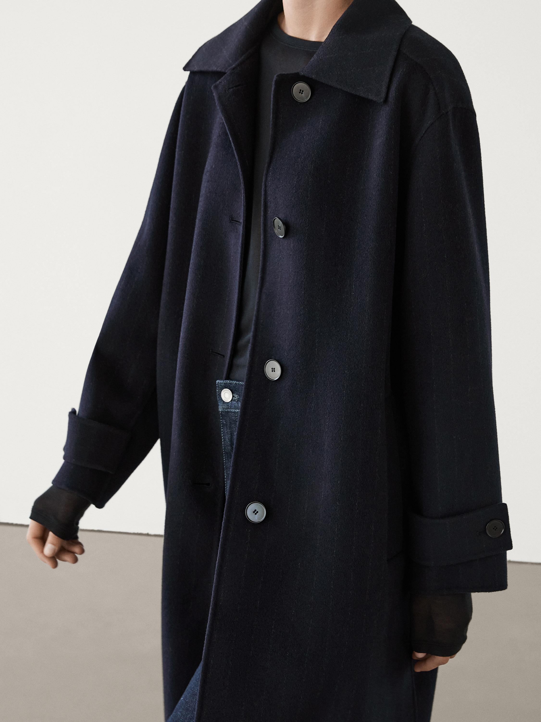 Long pinstripe wool blend coat