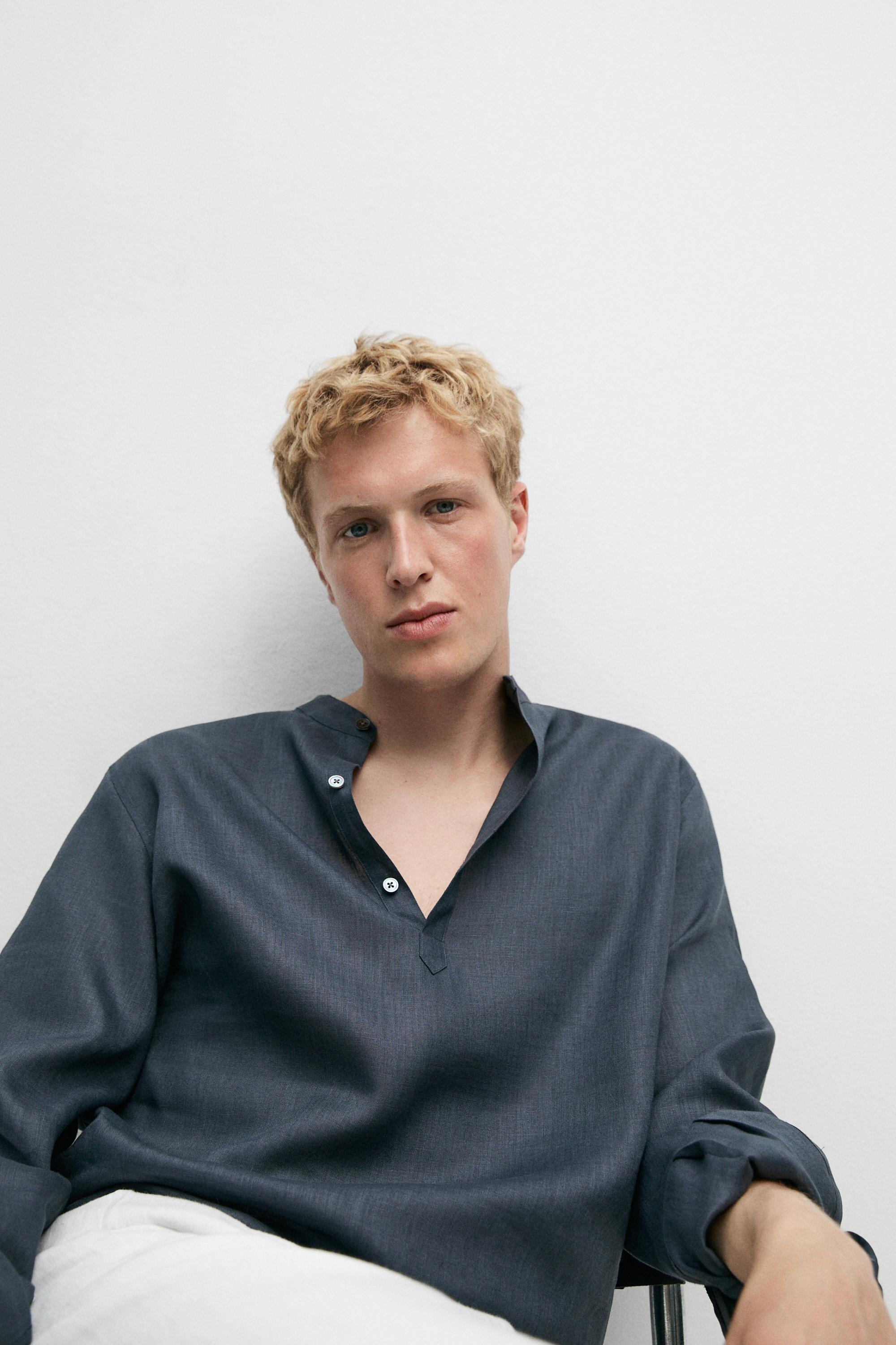 Regular fit stand collar 100% linen shirt — PETROLEUM