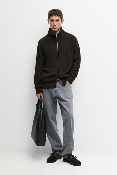 100% cotton ribbed knit cardigan — BROWN MARL 1