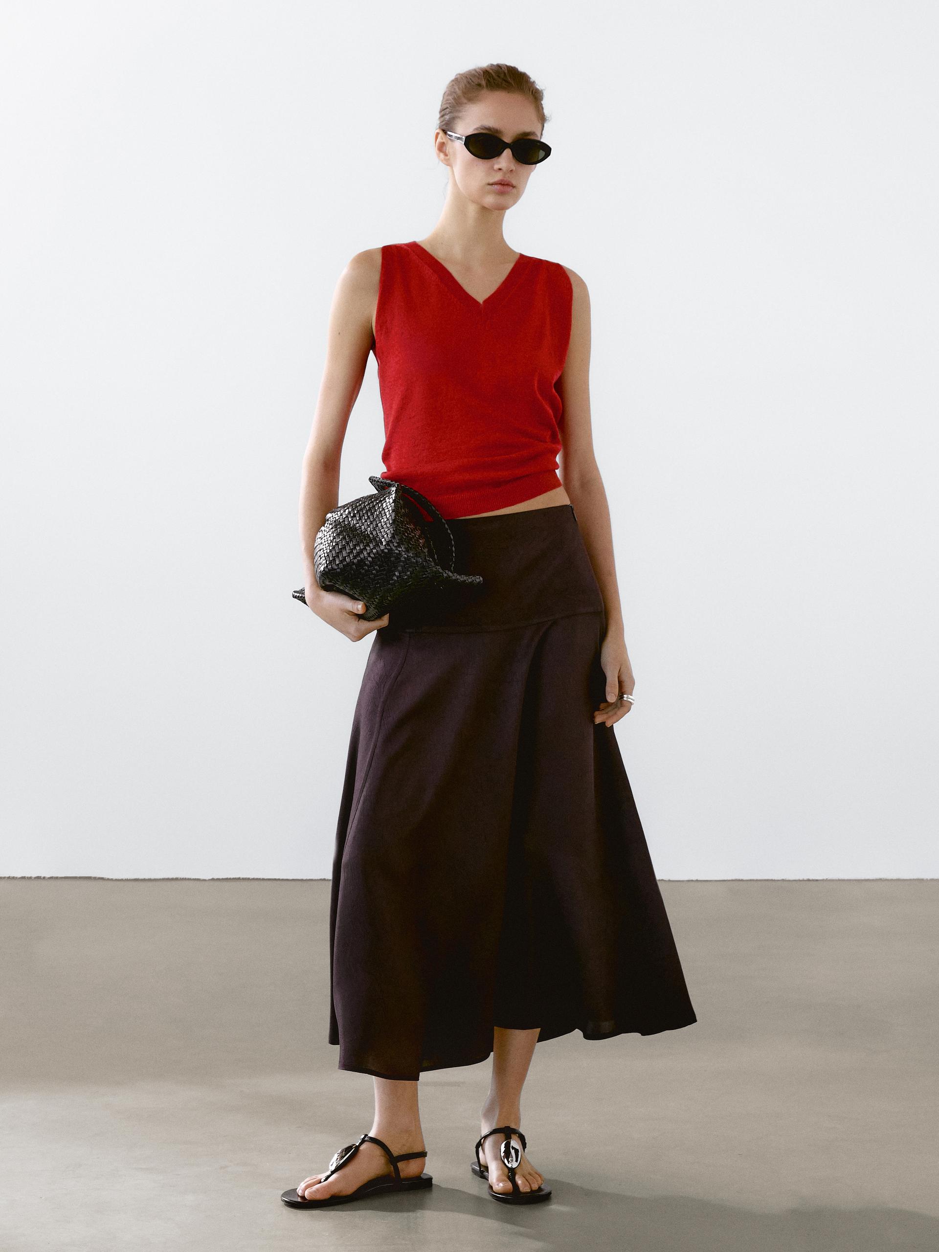 Top À Col En V En Lin Mélangé - Coral - M - Massimo Dutti - Femme