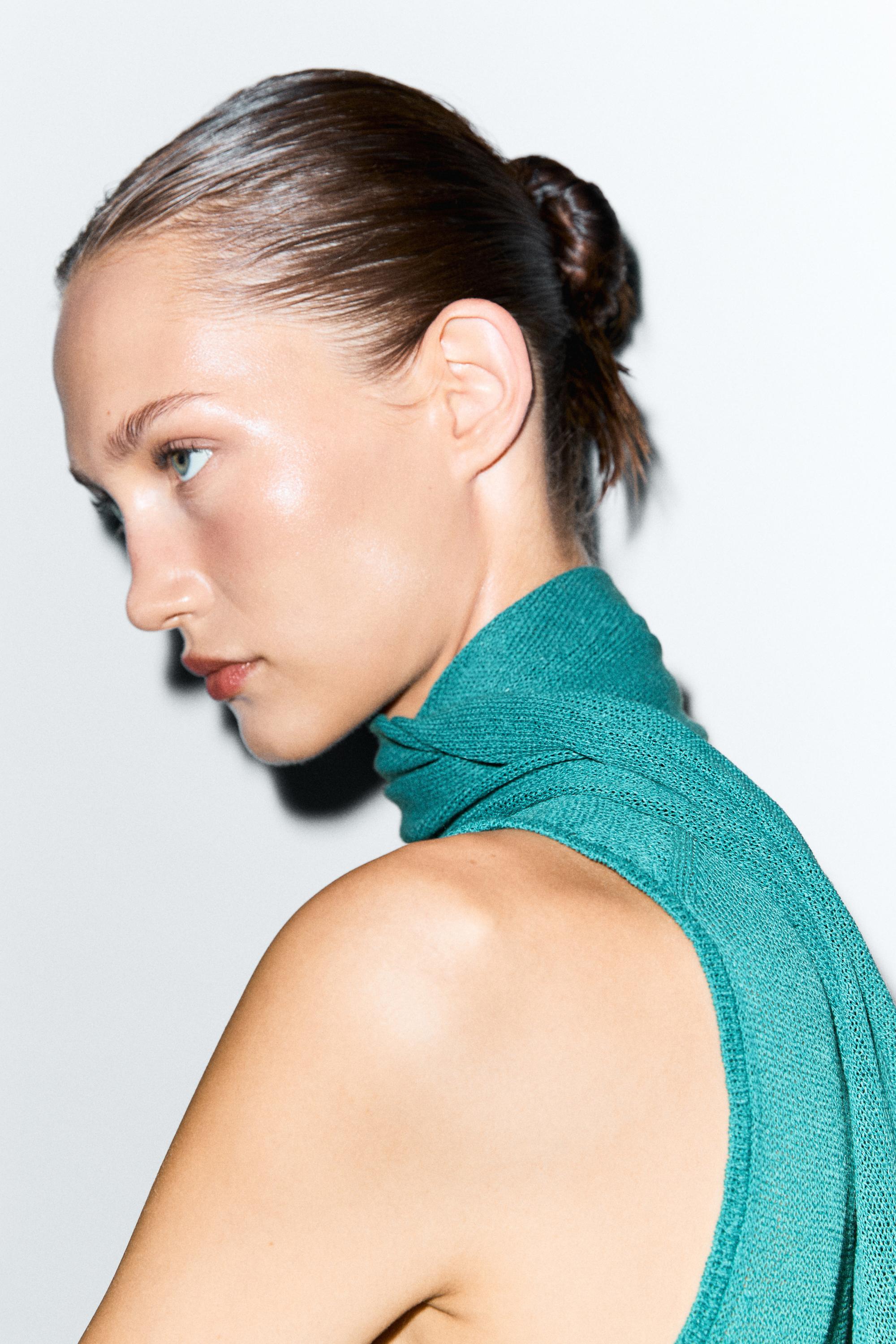 High neck top with scarf detail — TURQUOISE