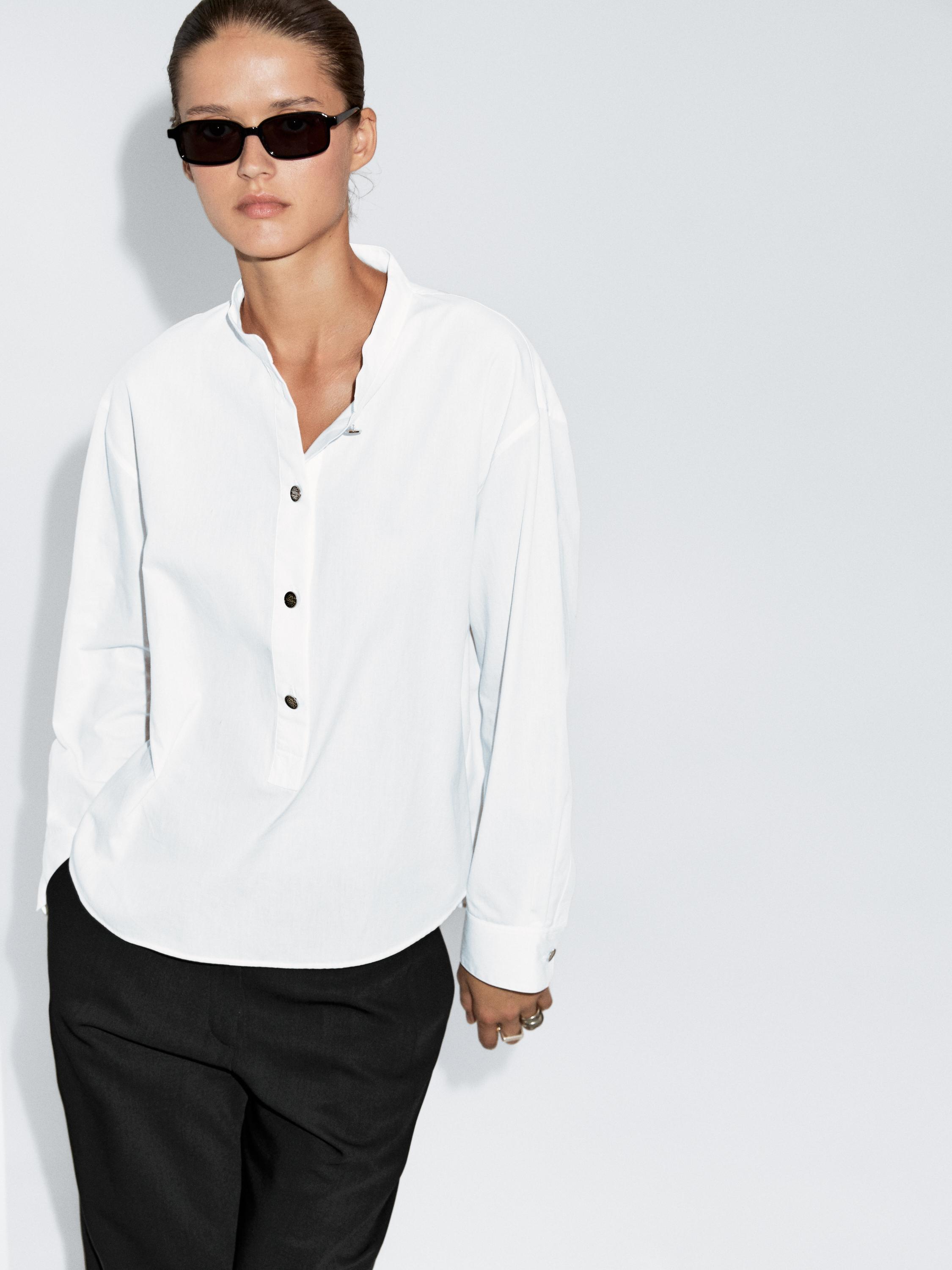Stand Collar Shirt With Gold Buttons - Off White - L - Massimo Dutti - Women Stand Collar Shirt With Gold Buttons - Off White - L - Massimo Dutti - Women