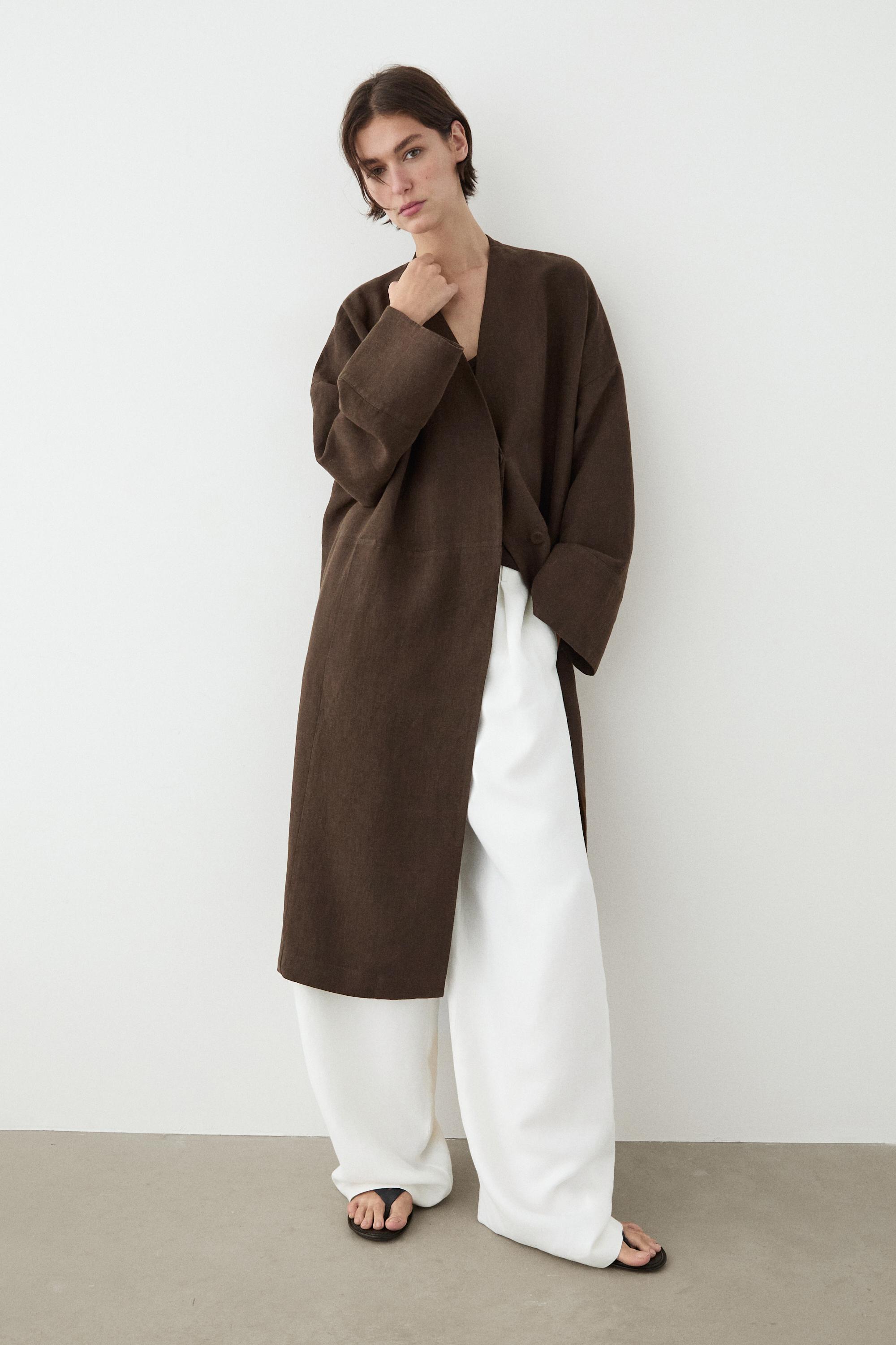 100% linen double-breasted coat with no collar — BROWN