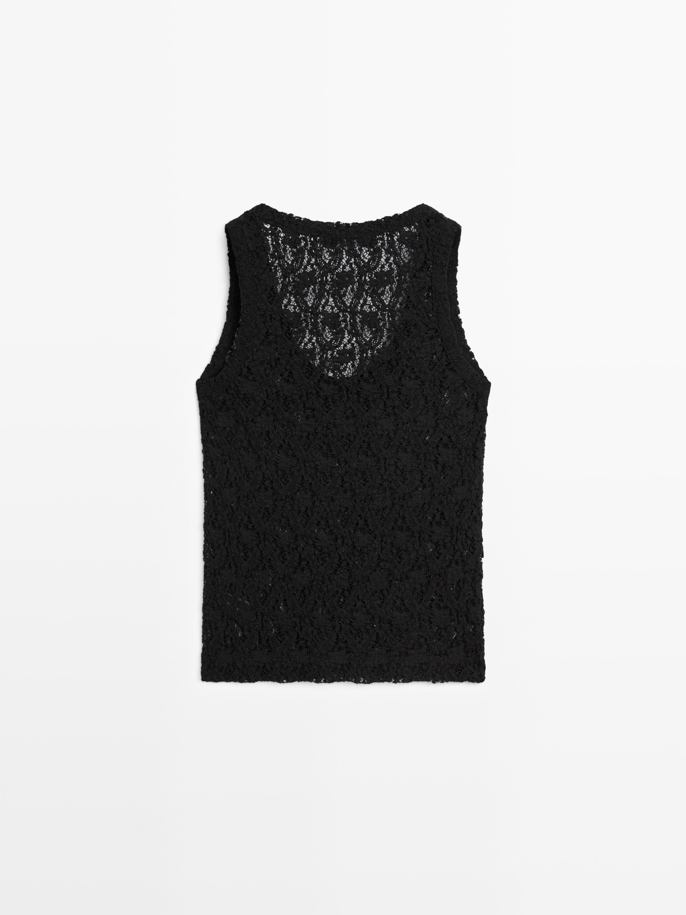 Round neck lace top — BLACK