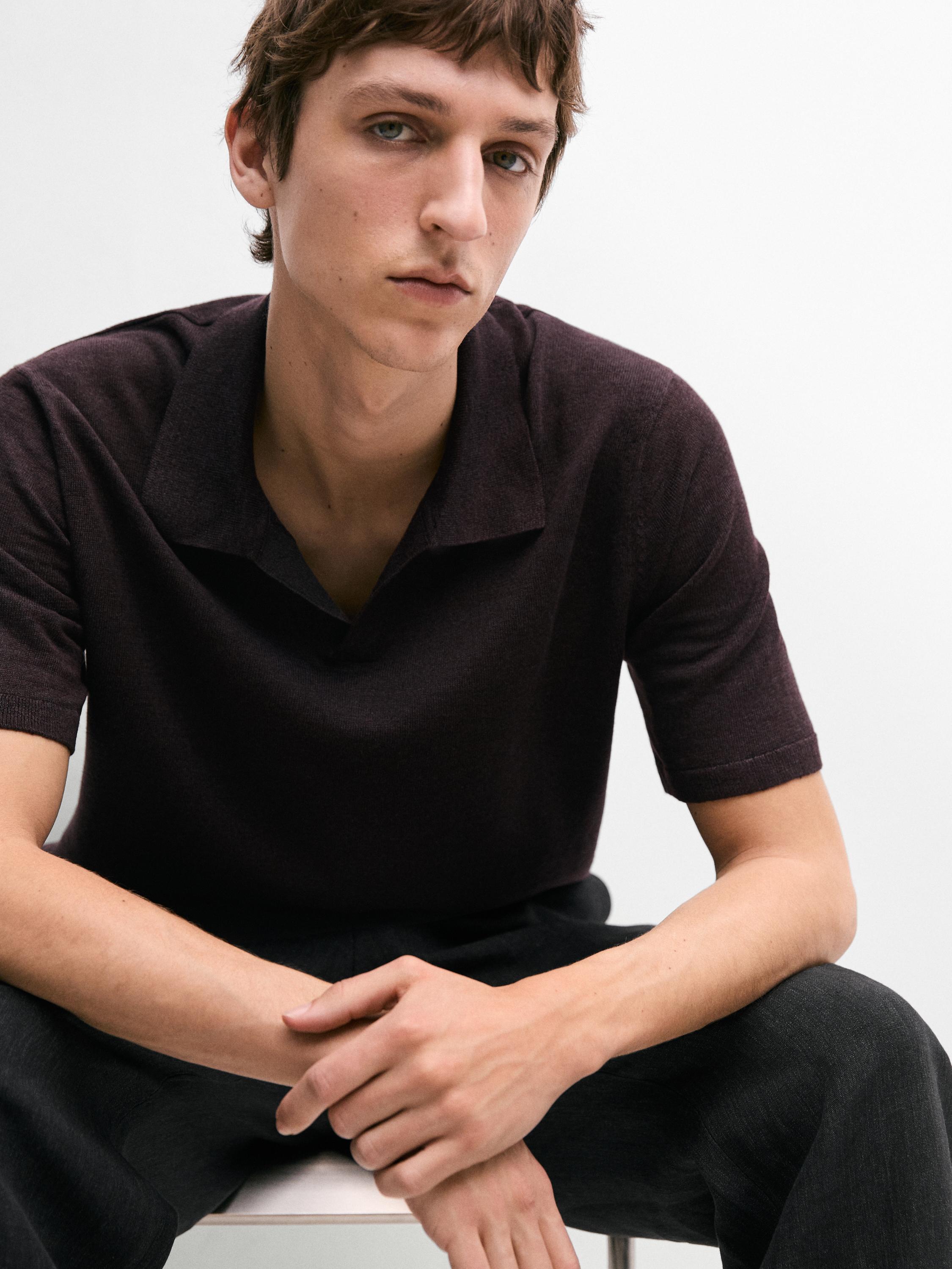 Linen V-neck polo sweater — BURGUNDY