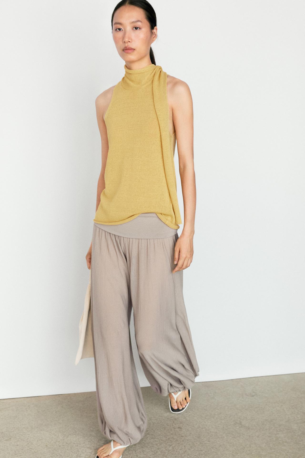 Linen blend halter top with tie detail — LIME