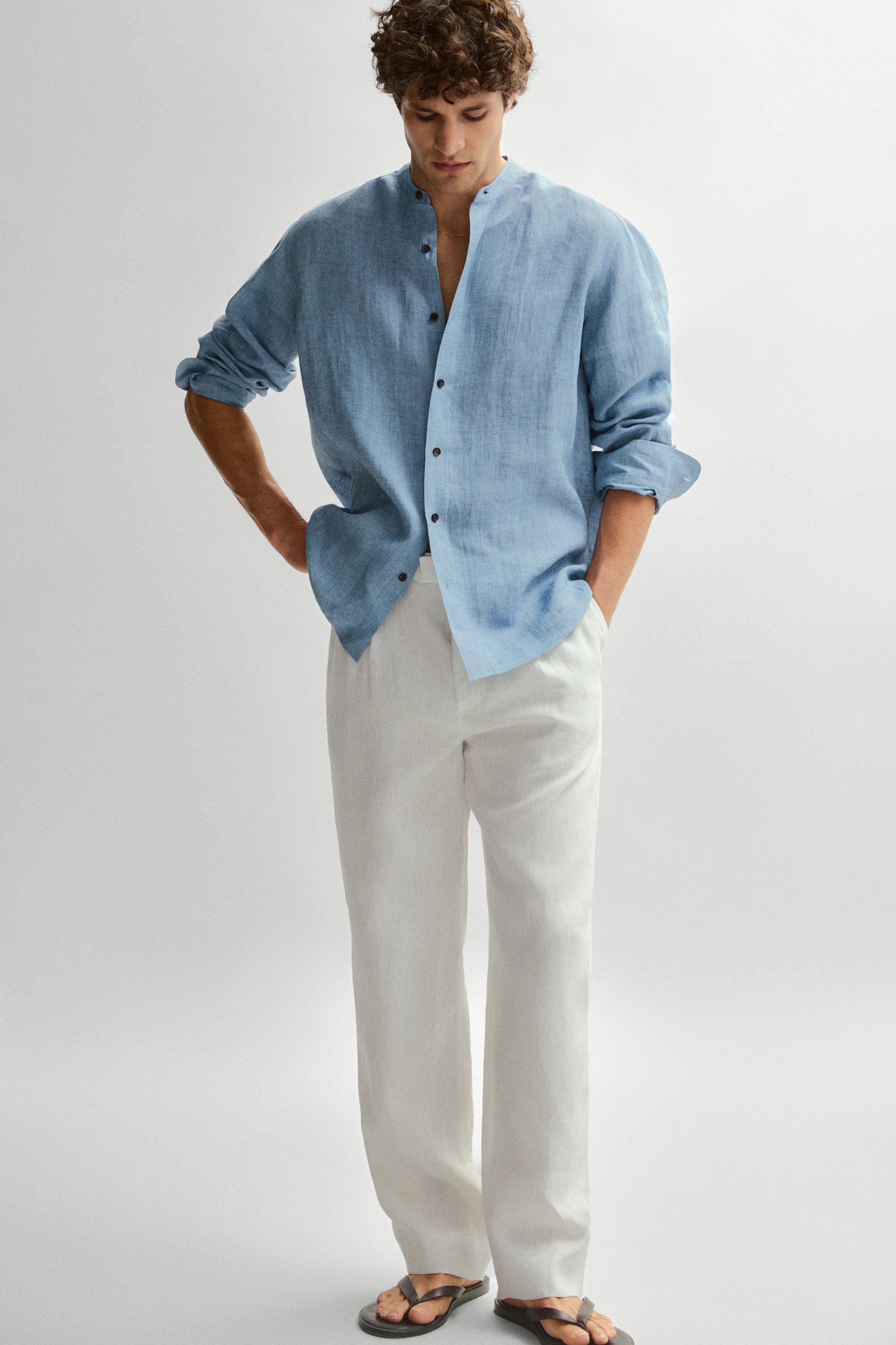 Regular fit contrast button 100% linen shirt — BLUE