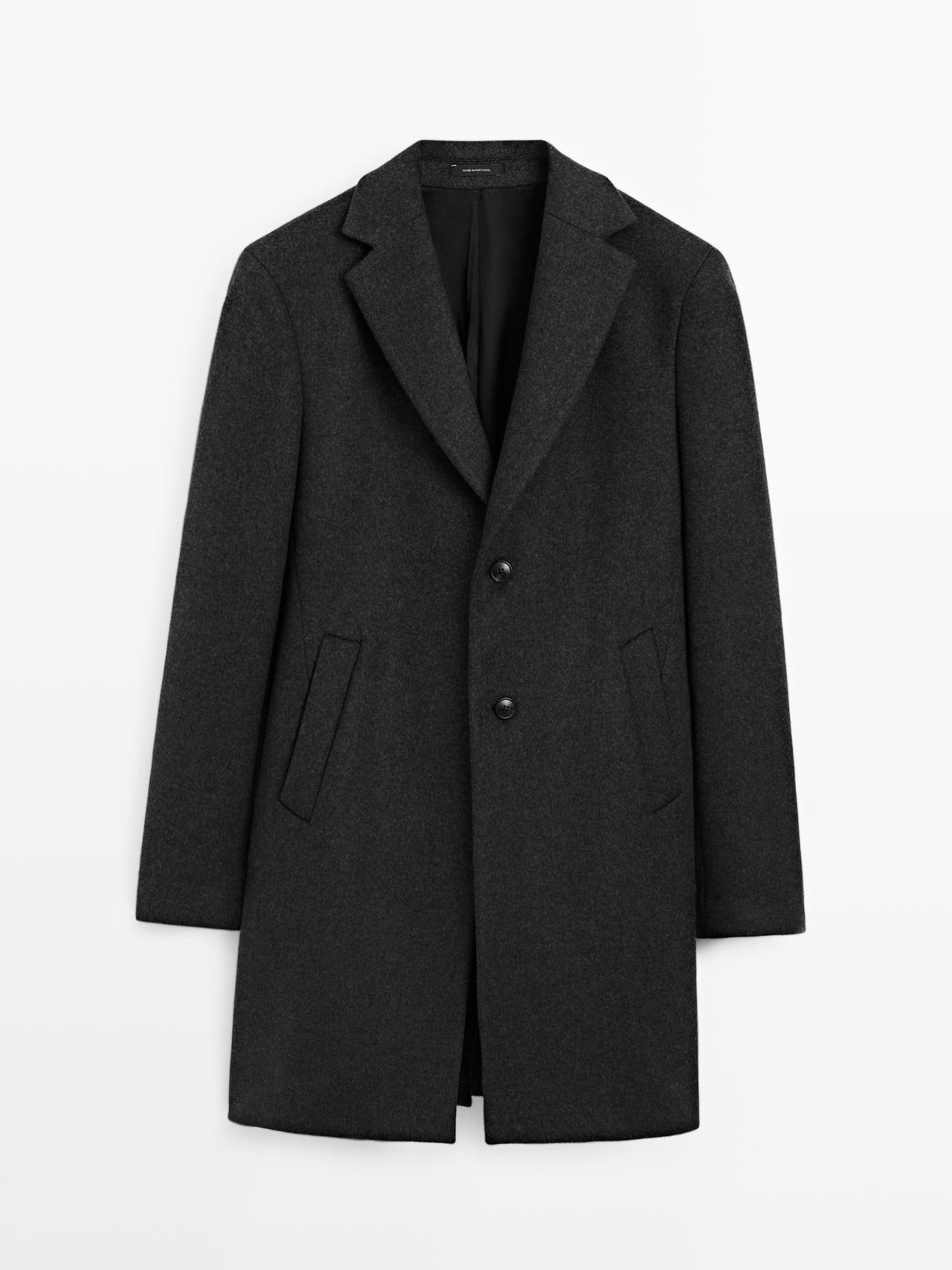 Massimo Dutti - Herre - Lang Frakke I 100 % Uld Med Reverskrave - Kulgrå - S