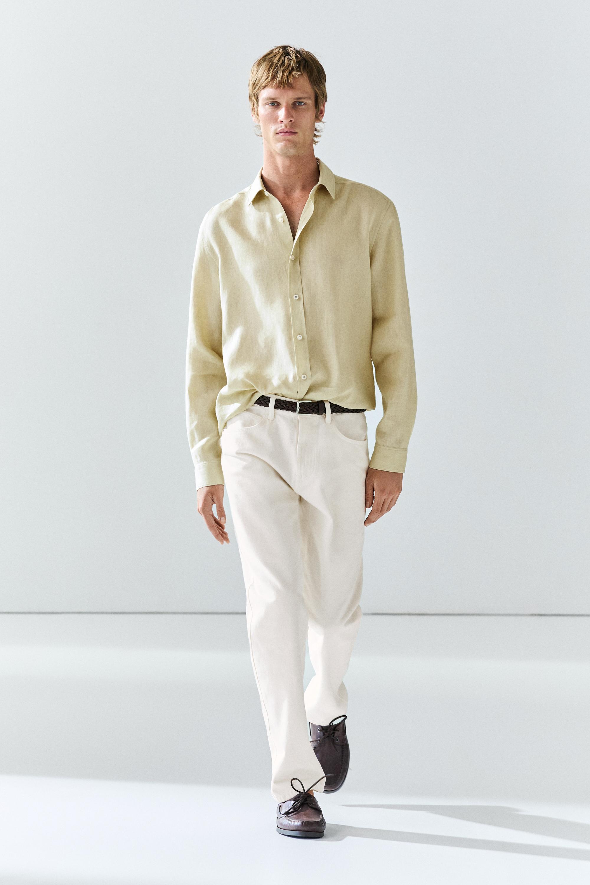 Slim fit 100% linen shirt — PALE GREEN