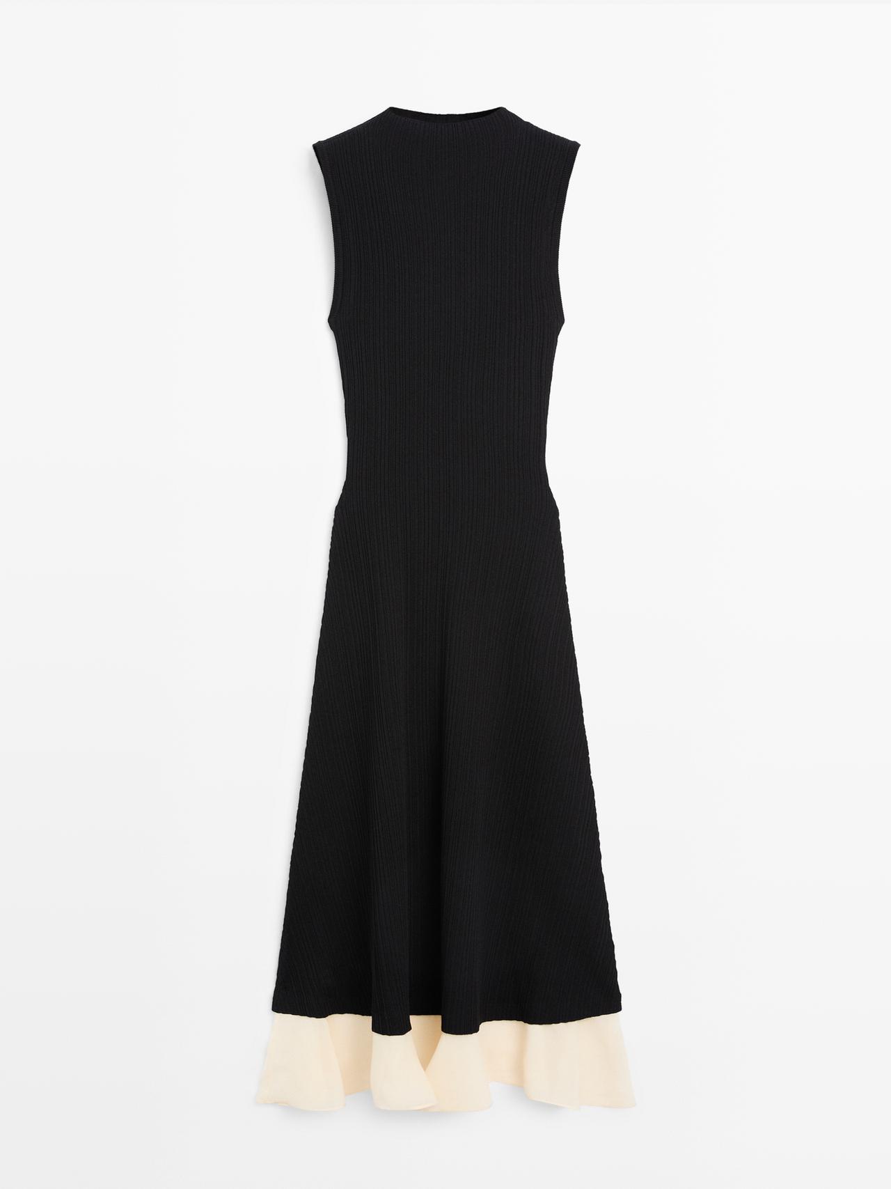 Massimo Dutti - Dames - Geplooide Midi-Jurk Met Volantdetails - Zwart - M