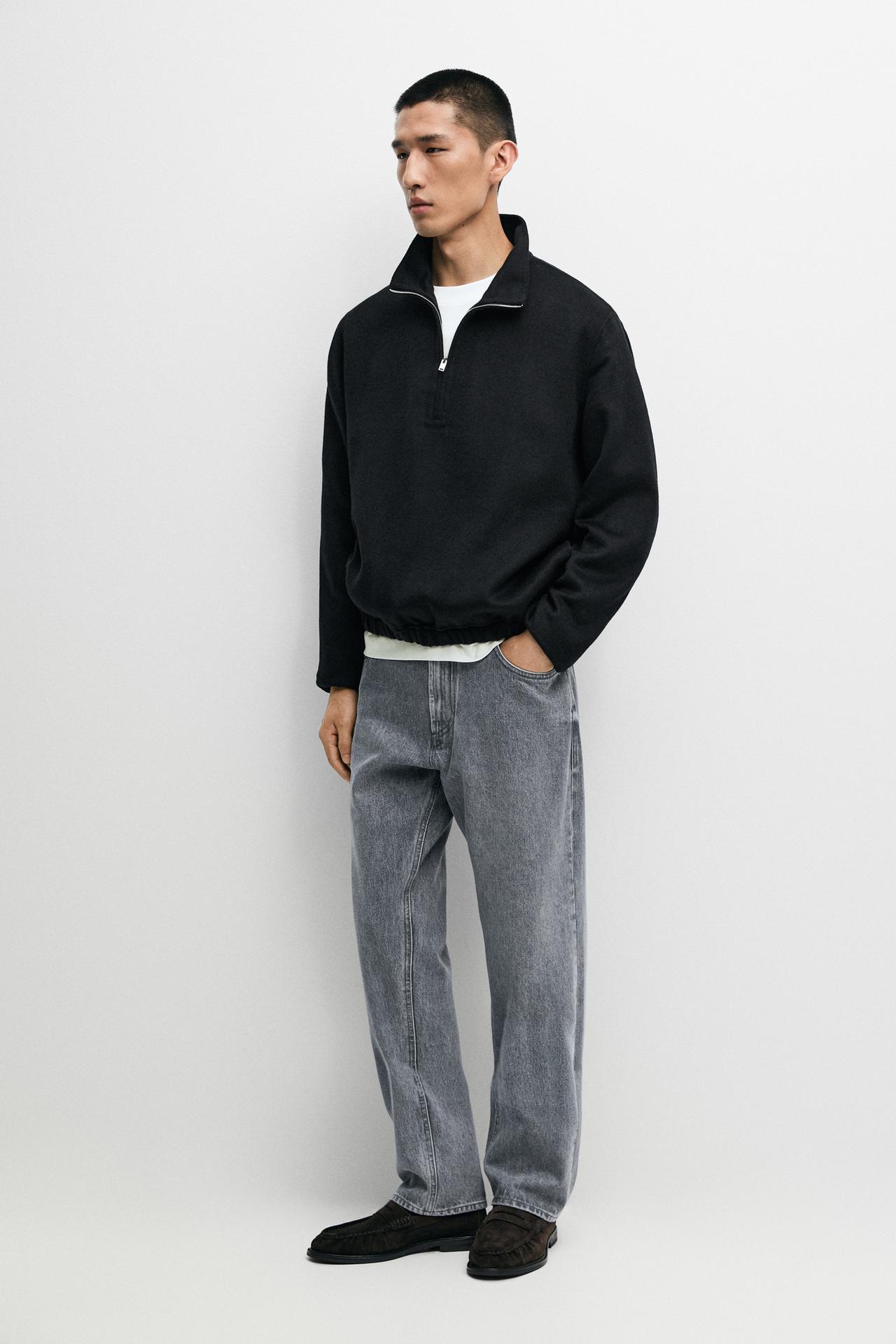 Wool blend double-faced mock neck sweatshirt — NAVY BLUE