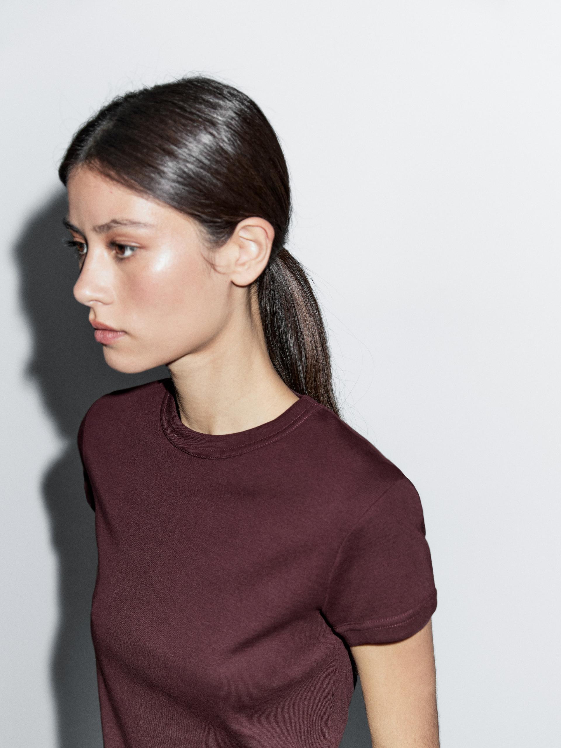 Koszulka Ze 100% Bawełny Z Krótkim Rękawem - Bordowy - Xs - Massimo Dutti - Kobieta
