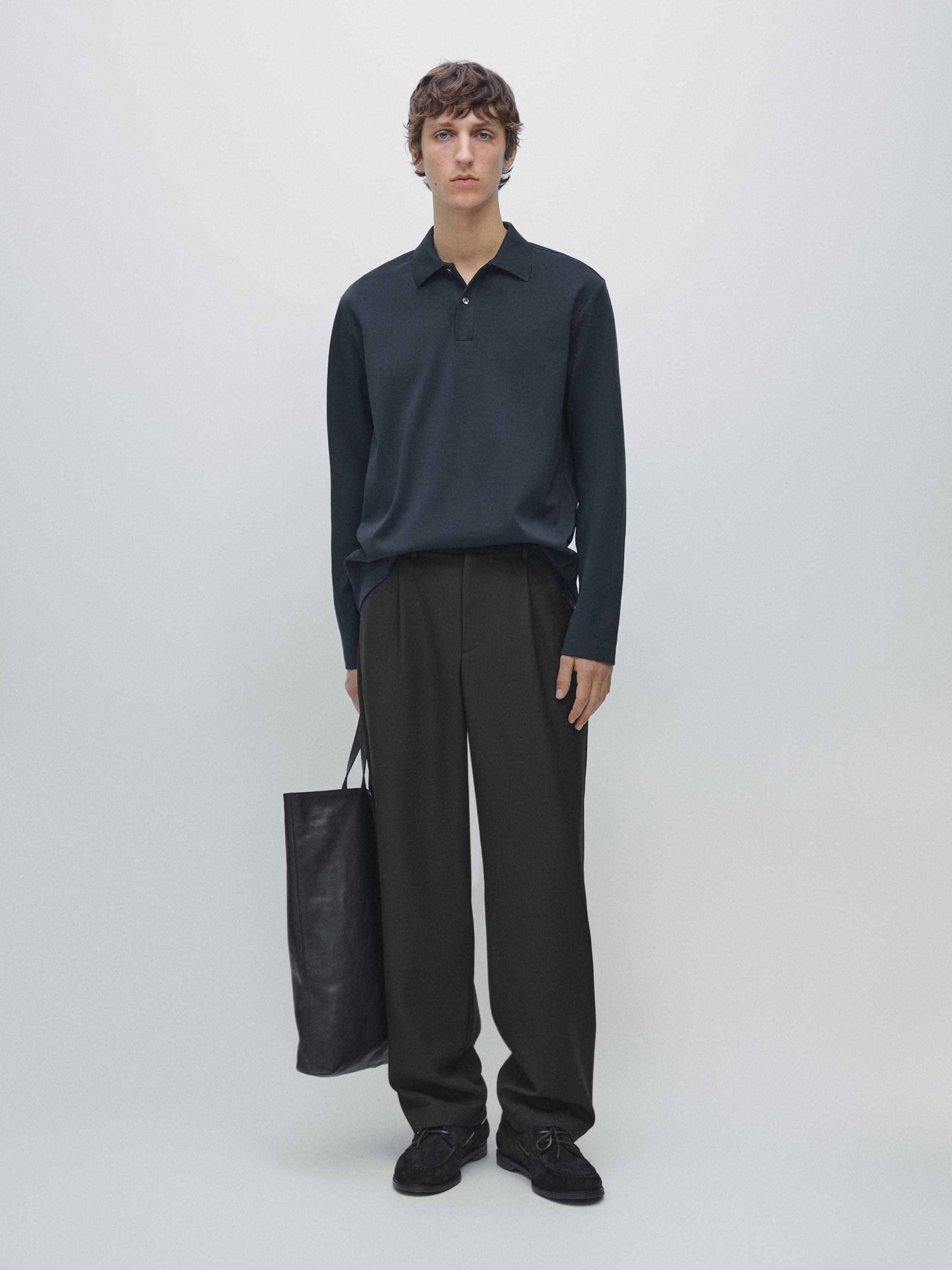 Long sleeve polo shirt with ribbed detail — NAVY BLUE