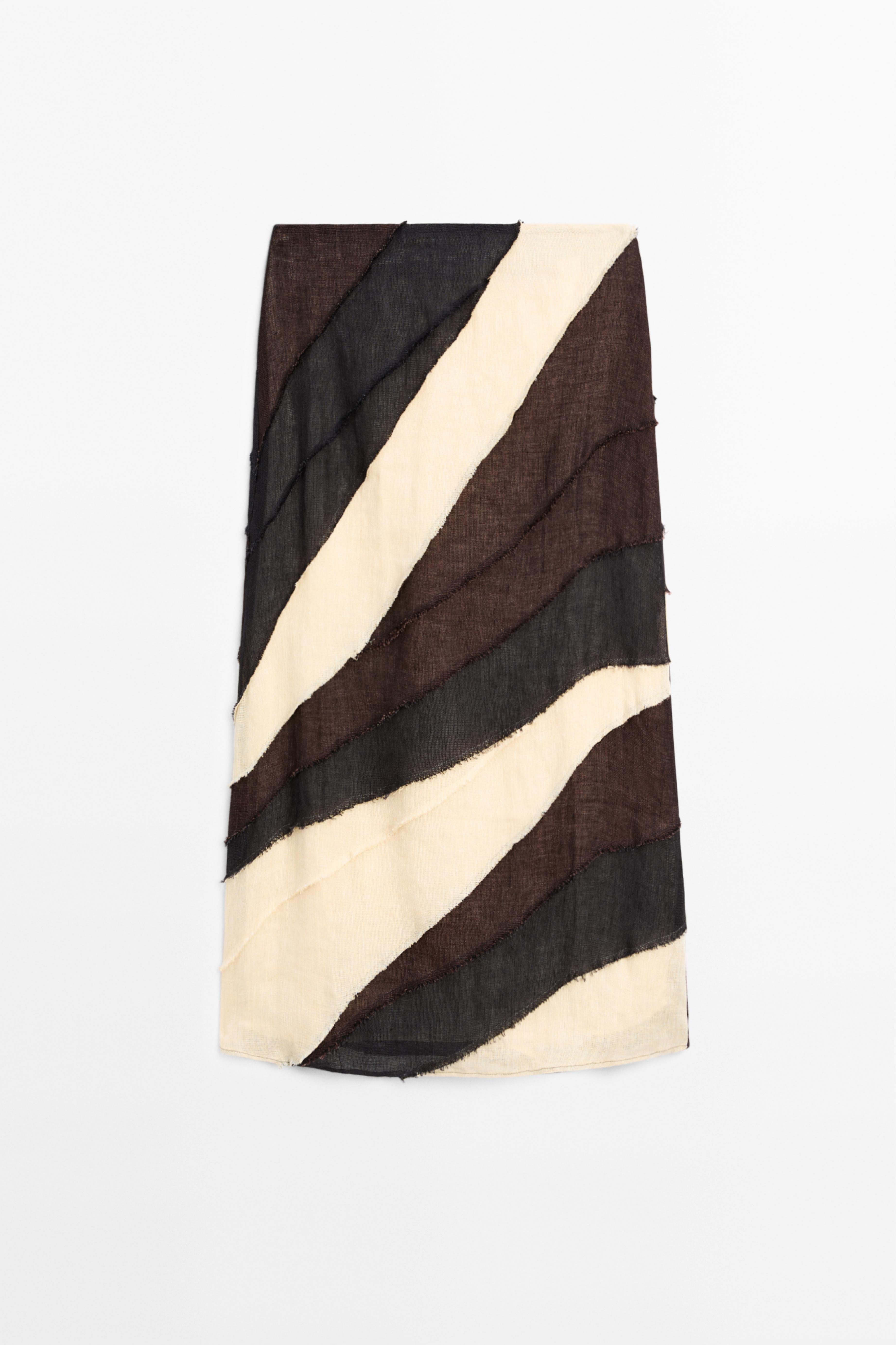 Layered contrast linen midi skirt — BROWN