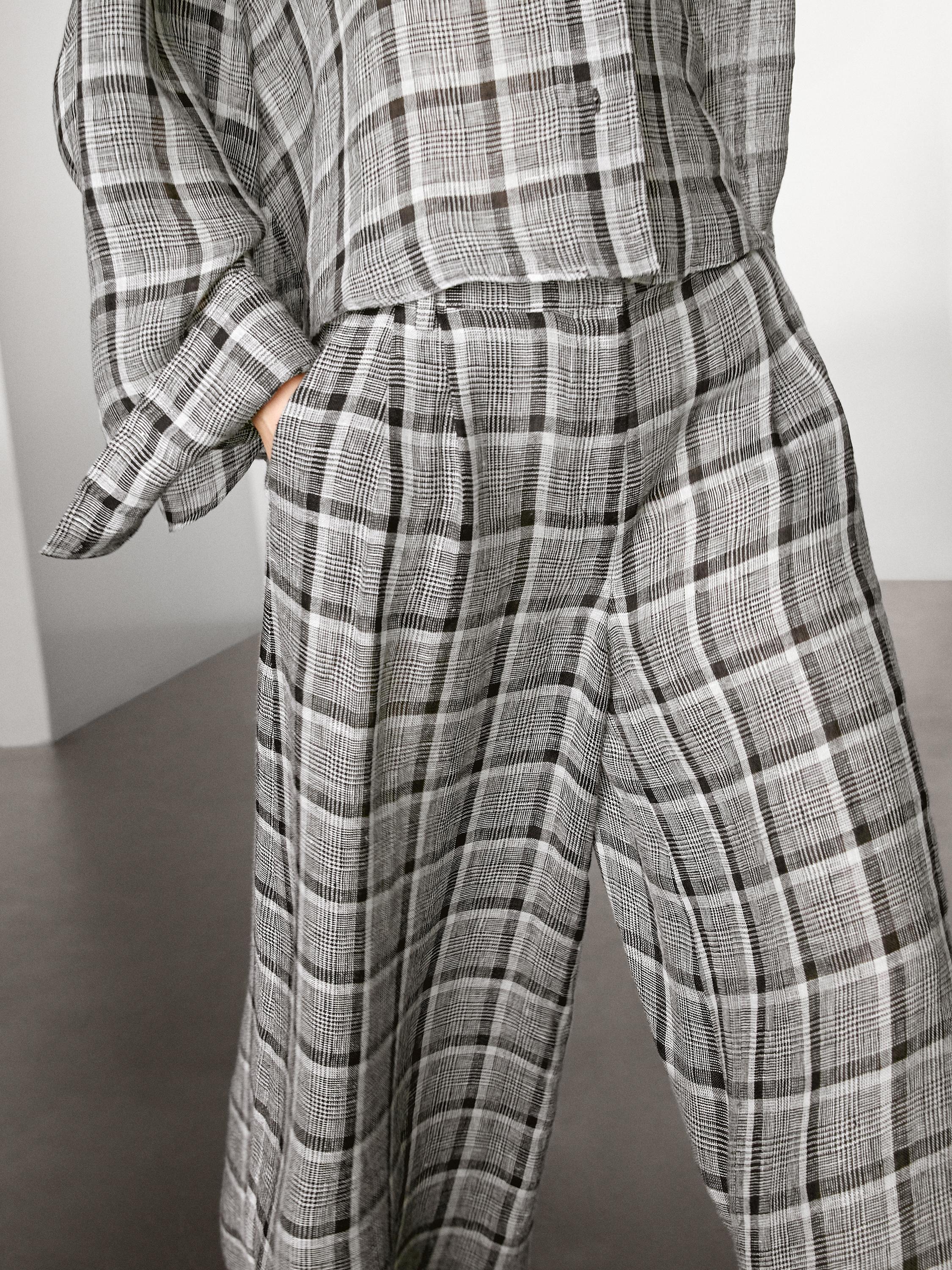 100% linen check palazzo trousers